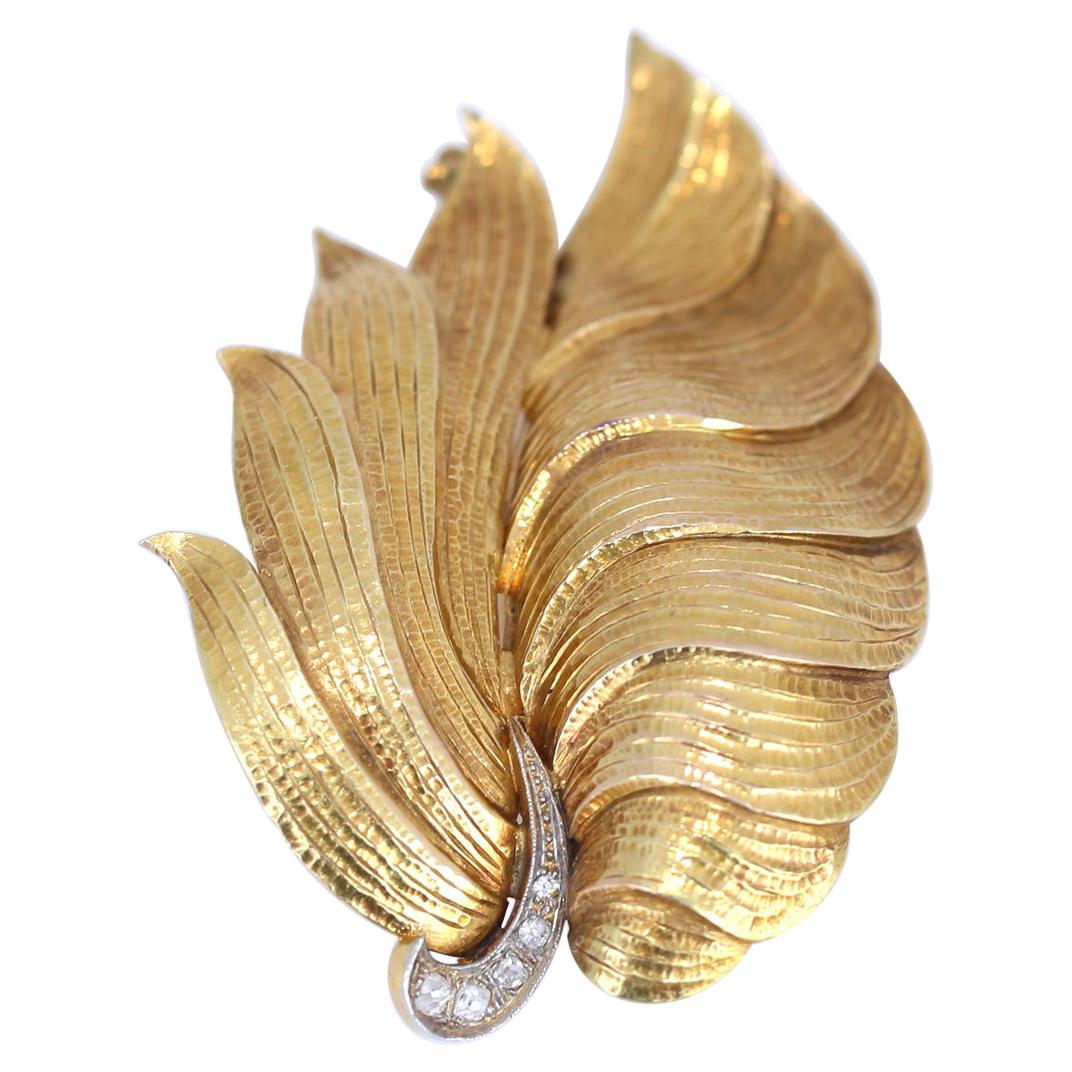 Gold Brooch Natural Ornament Leaves Diamonds, 1930