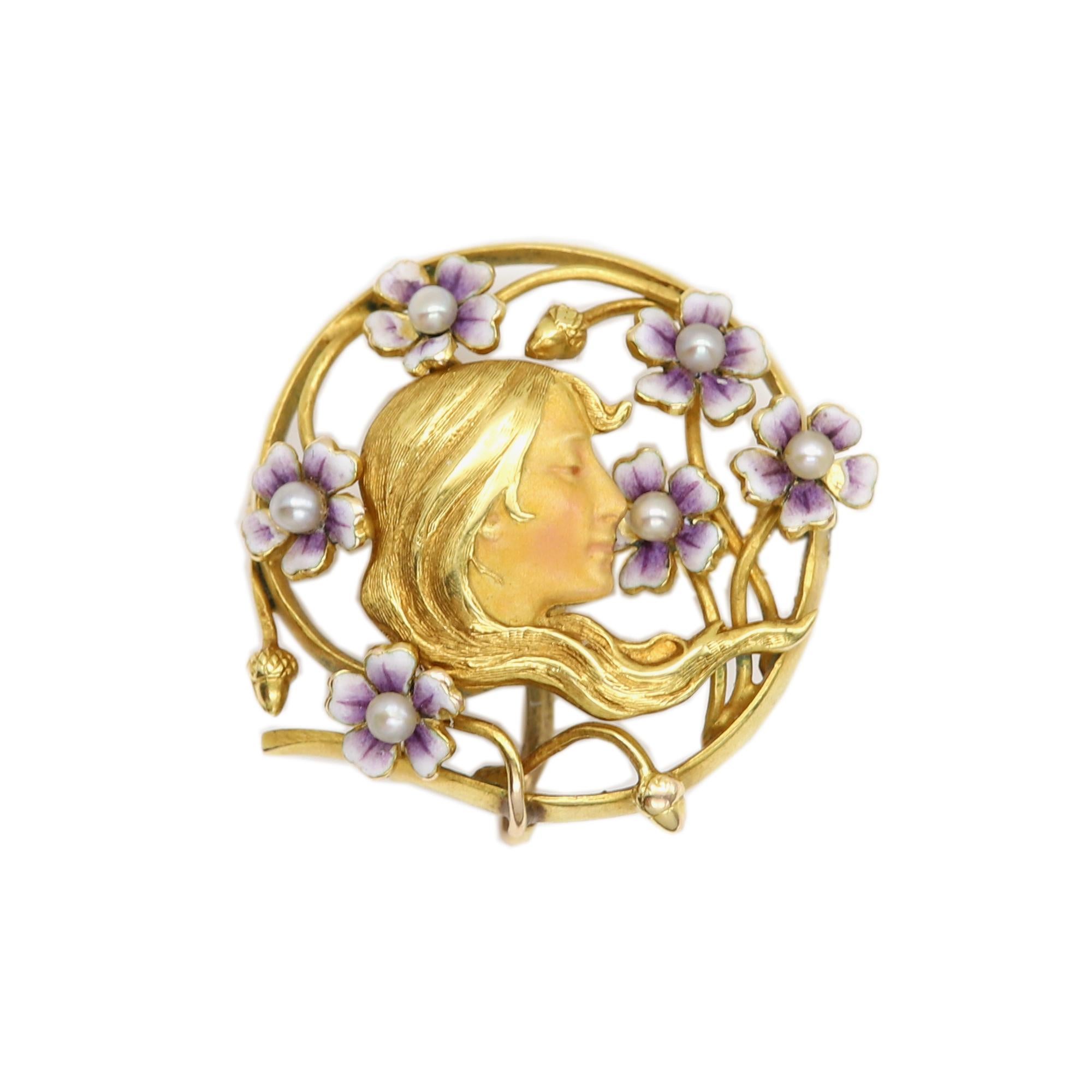 Vintage Enamel Brooch pin 
Girl and Flowers Design
14k Yellow Gold approx 4.8 grams
Circa early 1900's pre-owned - Good condition
Size: 1' inch 
Was bought from an estate Collection.
Appraisal certificate is available.
Gift Box Included
#bjn91140019