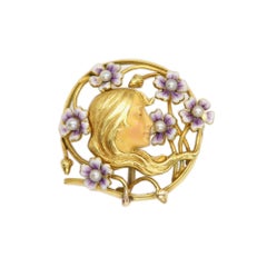 Gold Brooch Pin Circa early 1900's Art Nouveau Enamel Girl and Flowers 14 Karat