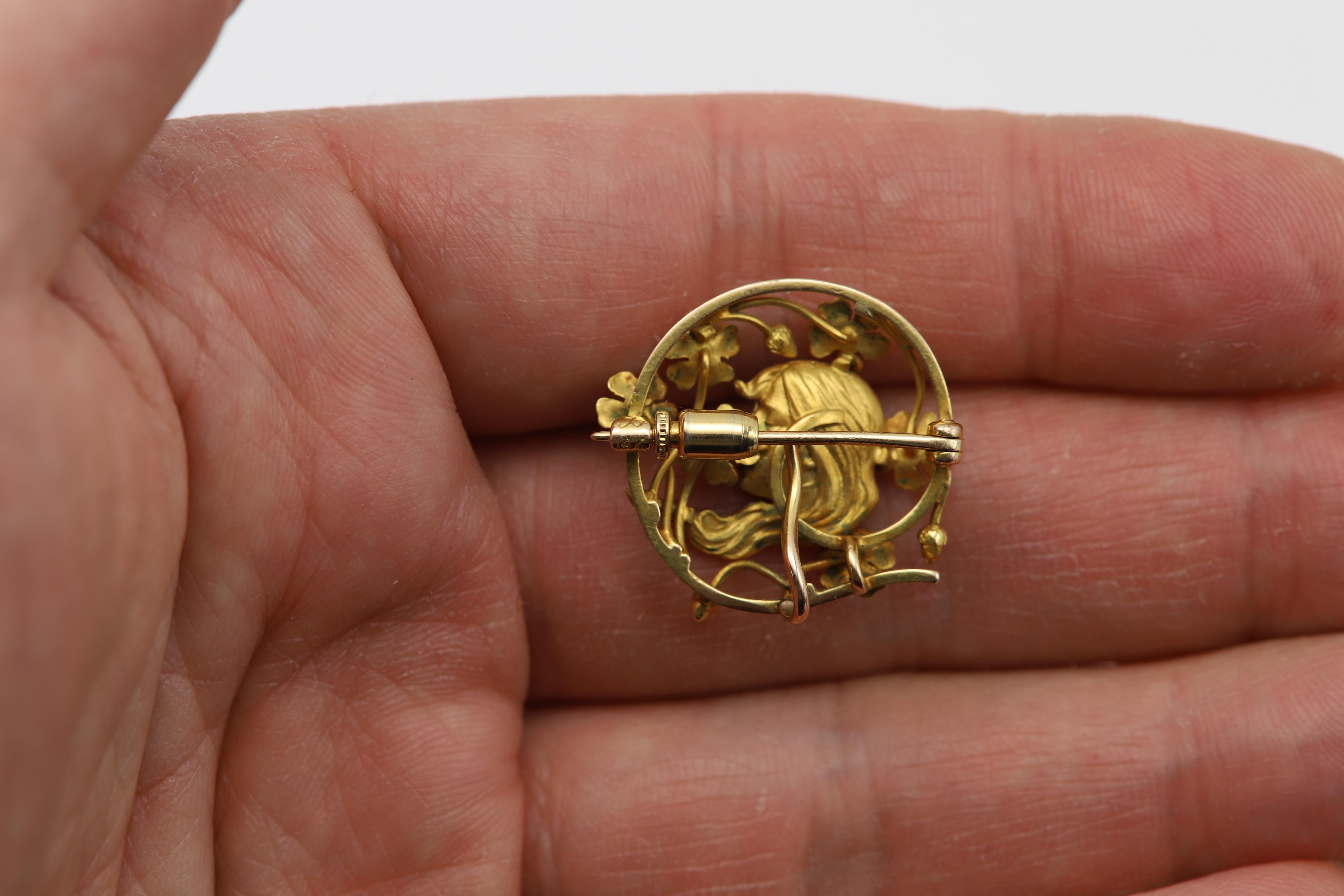 Women's Gold Brooch Pin Circa early 1900's Art Nouveau Enamel Girl and Flowers 14 Karat For Sale