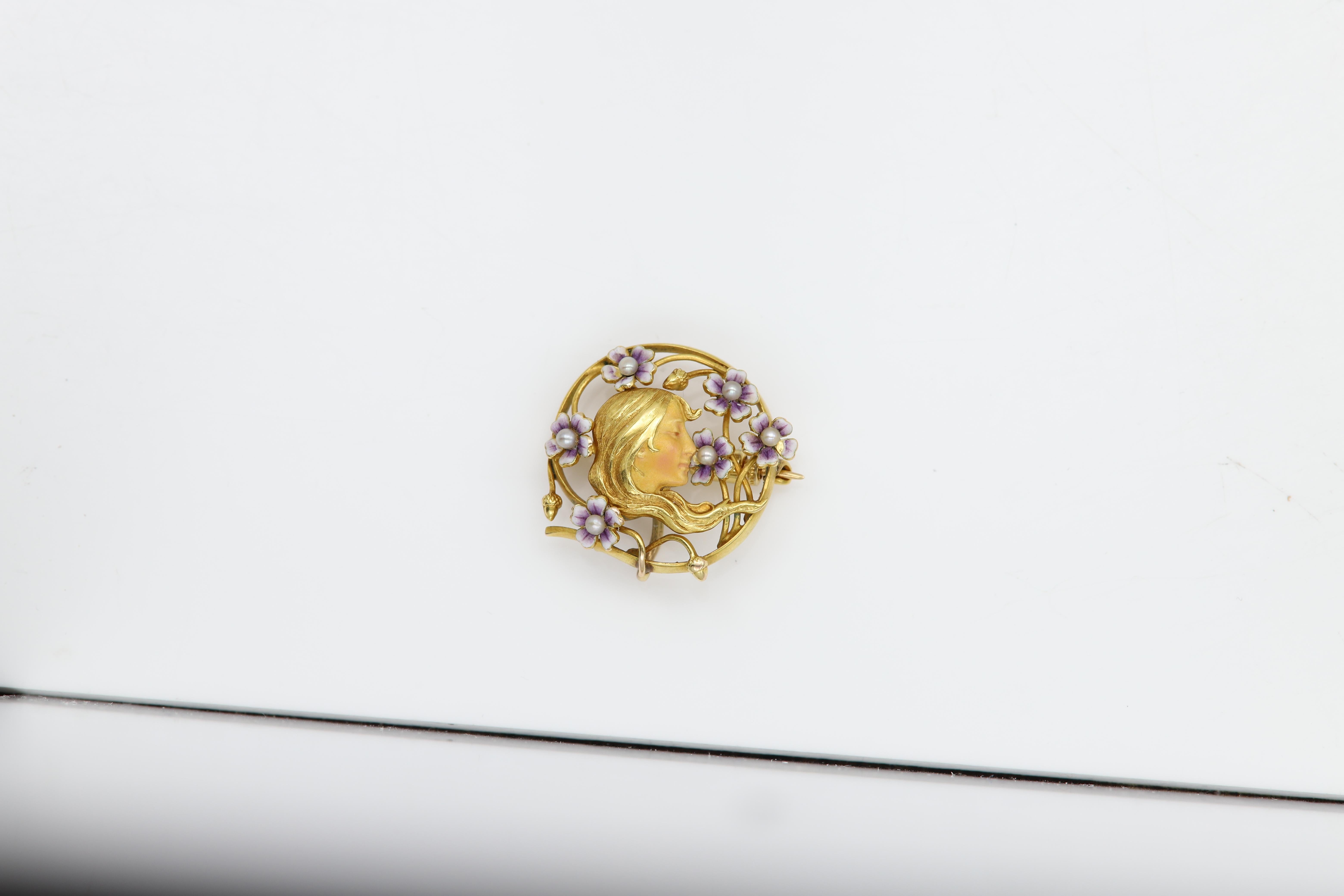 Gold Brooch Pin Circa early 1900's Art Nouveau Enamel Girl and Flowers 14 Karat For Sale 1