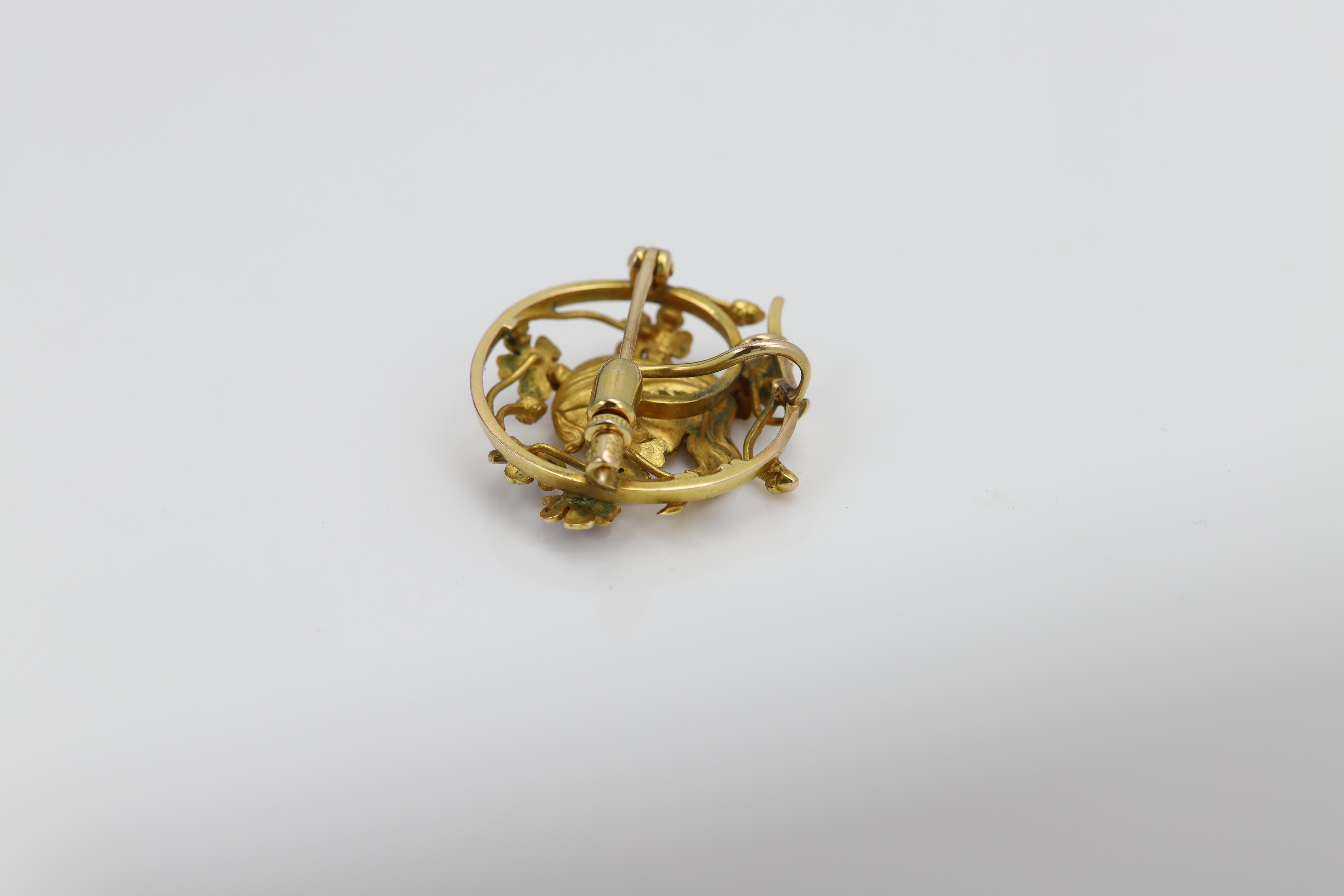 Gold Brooch Pin Circa early 1900's Art Nouveau Enamel Girl and Flowers 14 Karat For Sale 4