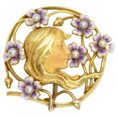 Alfiler Broche de Oro Circa principios 1900 Art Nouveau Esmalte Chica y Flores 14 Kilates
