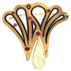 Gold Brooch Rubies Pear Shaped Citrine 18 Karat