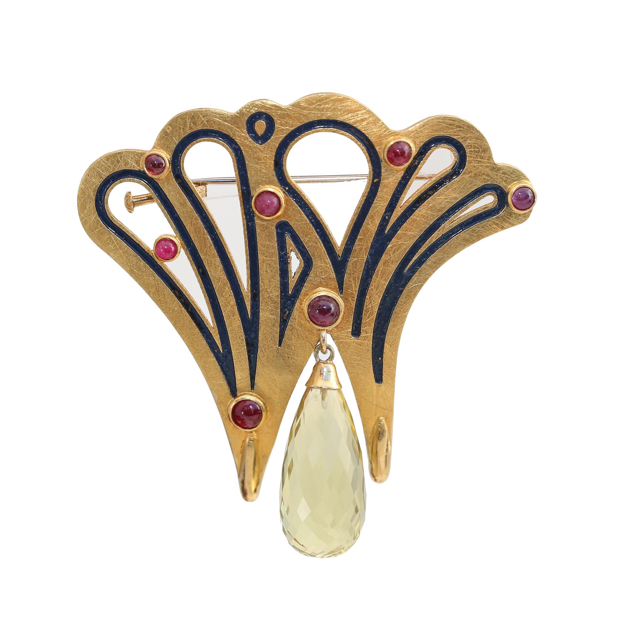 Art Deco Gold Brooch Rubies Pear Shaped Citrine 18 Karat