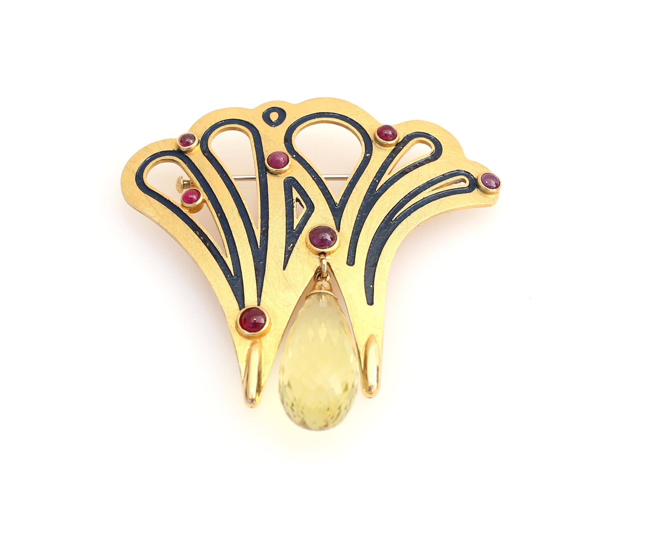 Gold Brooch Rubies Pear Shaped Citrine 18 Karat In Fair Condition In Herzelia, Tel Aviv