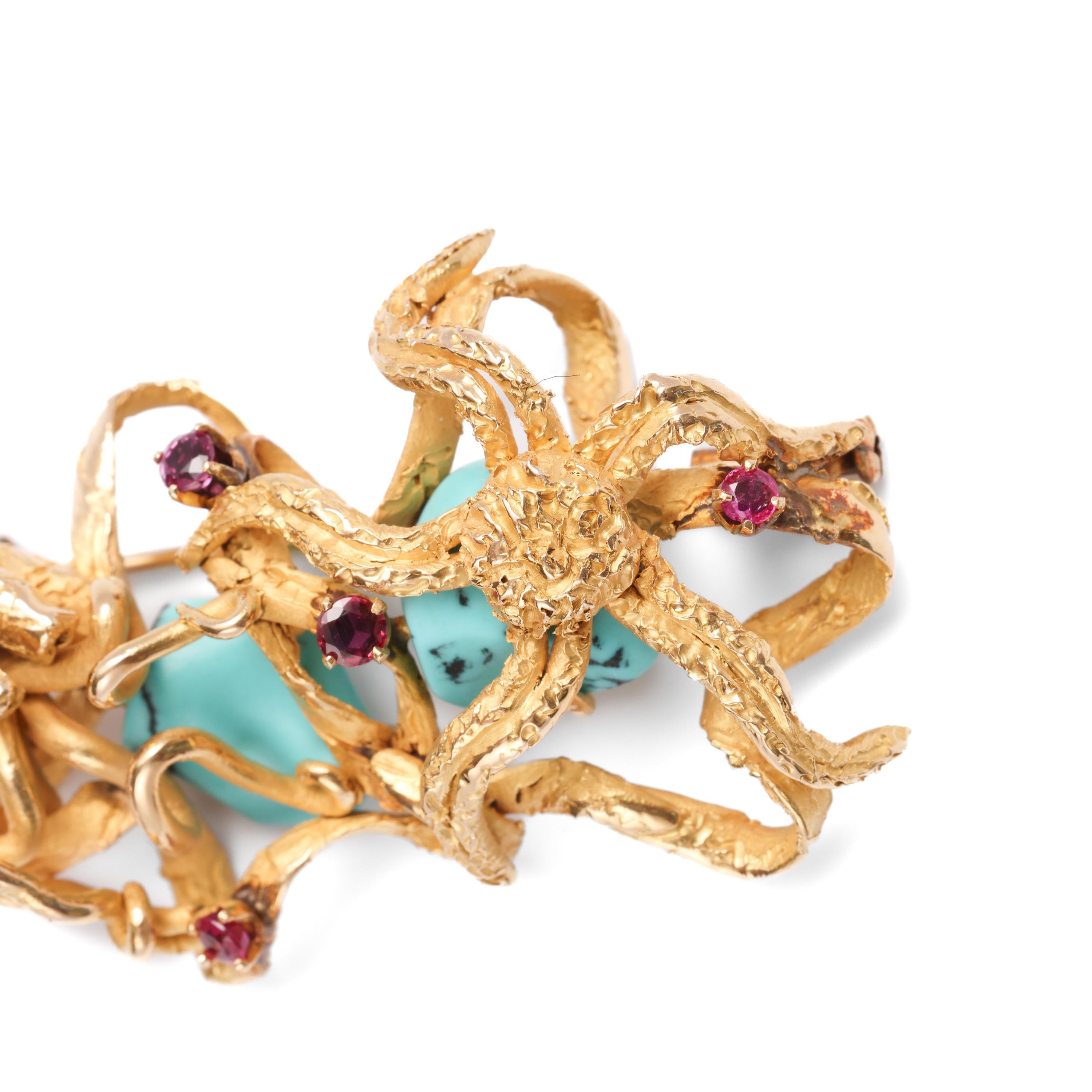 Gold Brooch with Turquoise & Rubies Modernist In Excellent Condition In Southbury, CT