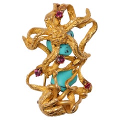 Vintage Gold Brooch with Turquoise & Rubies Modernist