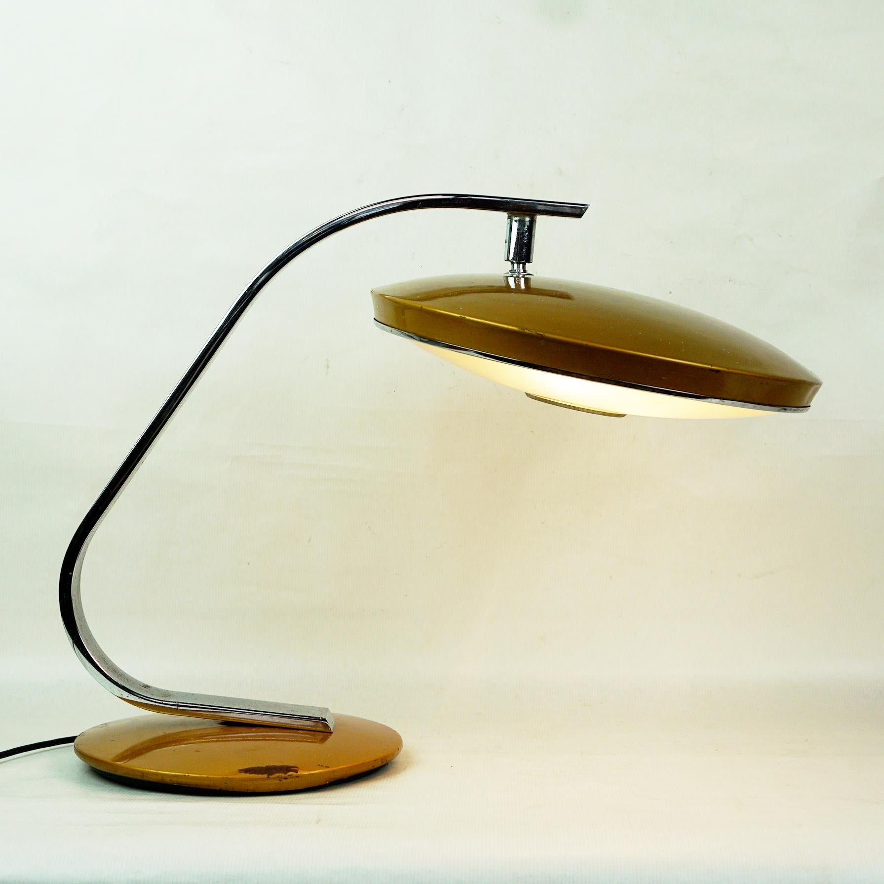 Gold Brown Metal and Chrome Midcentury Desk Lamp Mod. 520 by Fase Madrid Spain 1