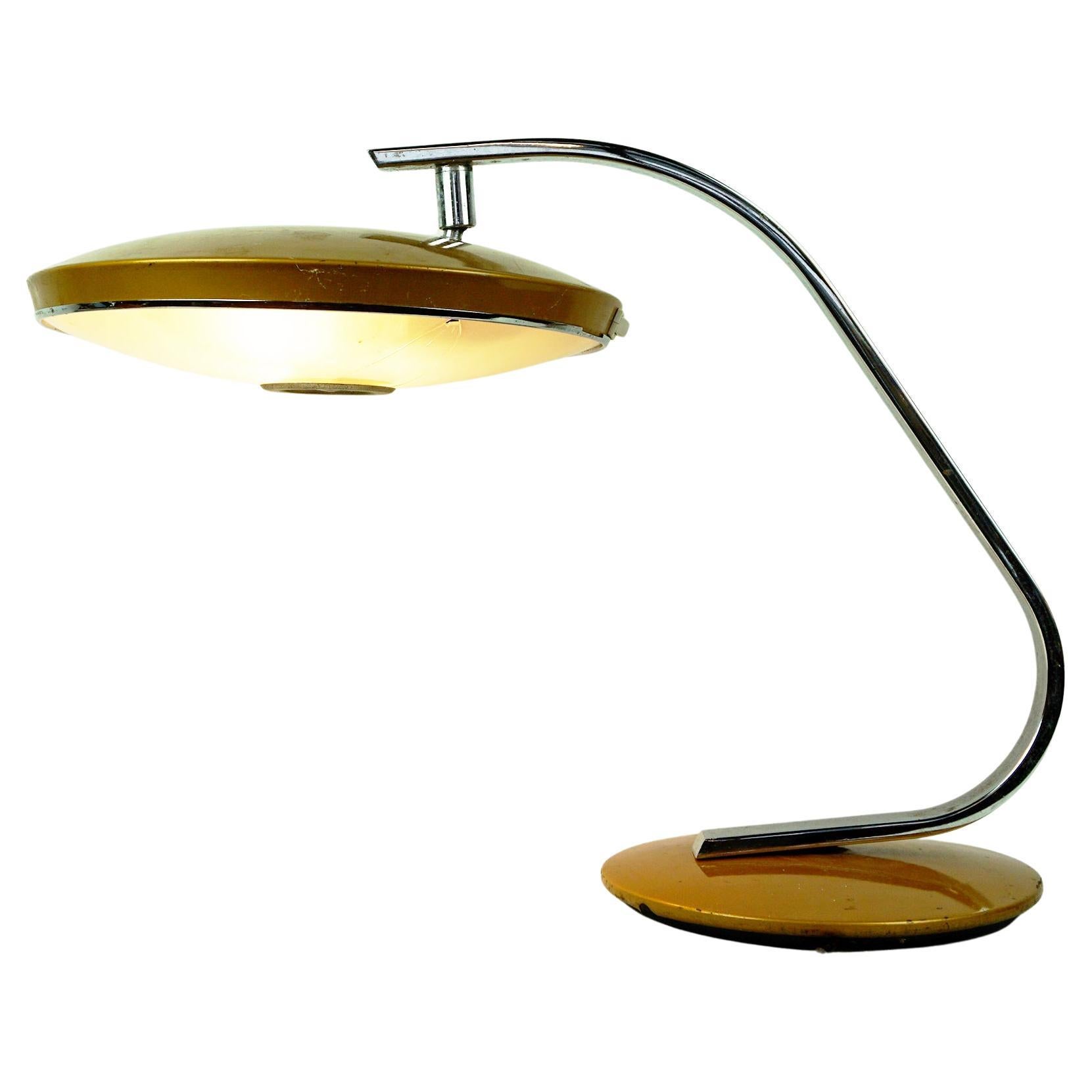 Gold Brown Metal and Chrome Midcentury Desk Lamp Mod. 520 by Fase Madrid Spain For Sale