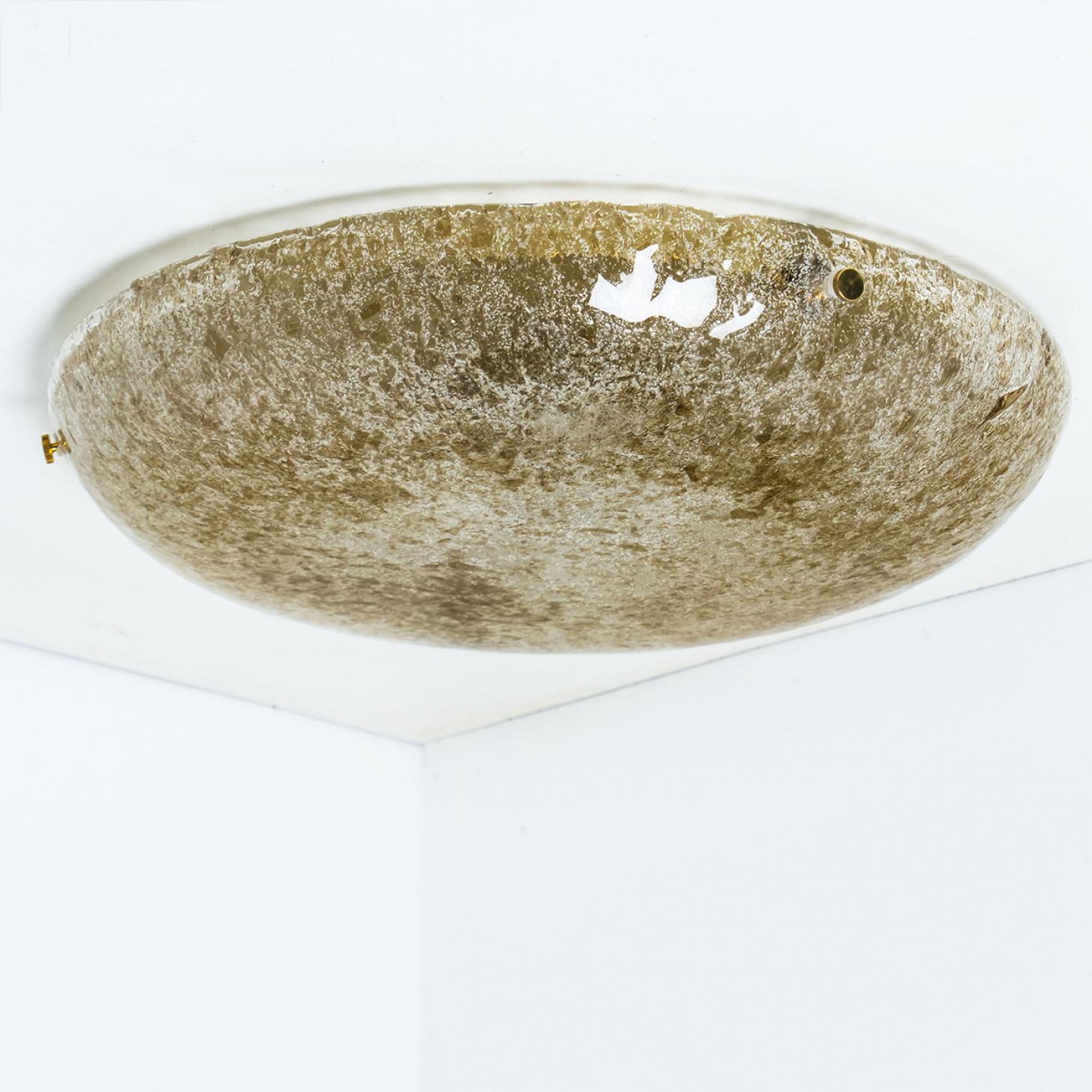 Brass Gold Brown and Textured Glass Flush Mount by Hillebrand - 1960s For Sale
