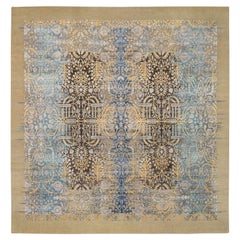 Gold Brown Silk with Textured Wool Hand Knotted Sarouk Square Rug 12'0" x 12'2"