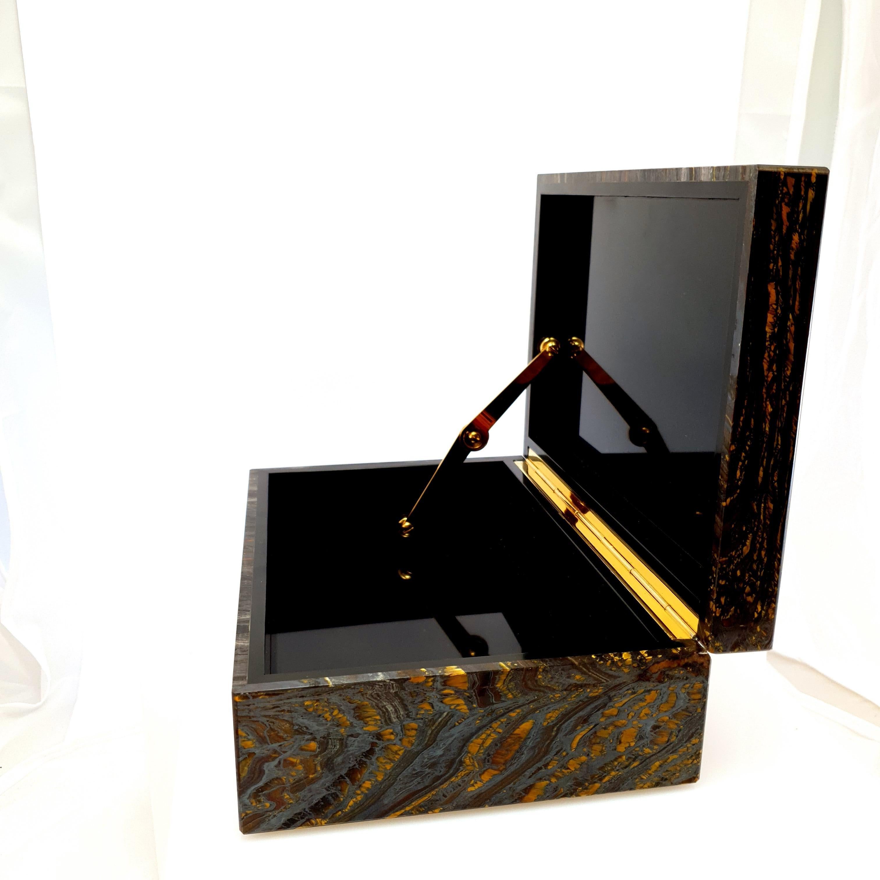 Women's or Men's Gold Brown Tiger Iron Decorative Jewelry Gemstone Box with Black Marble Inlay For Sale