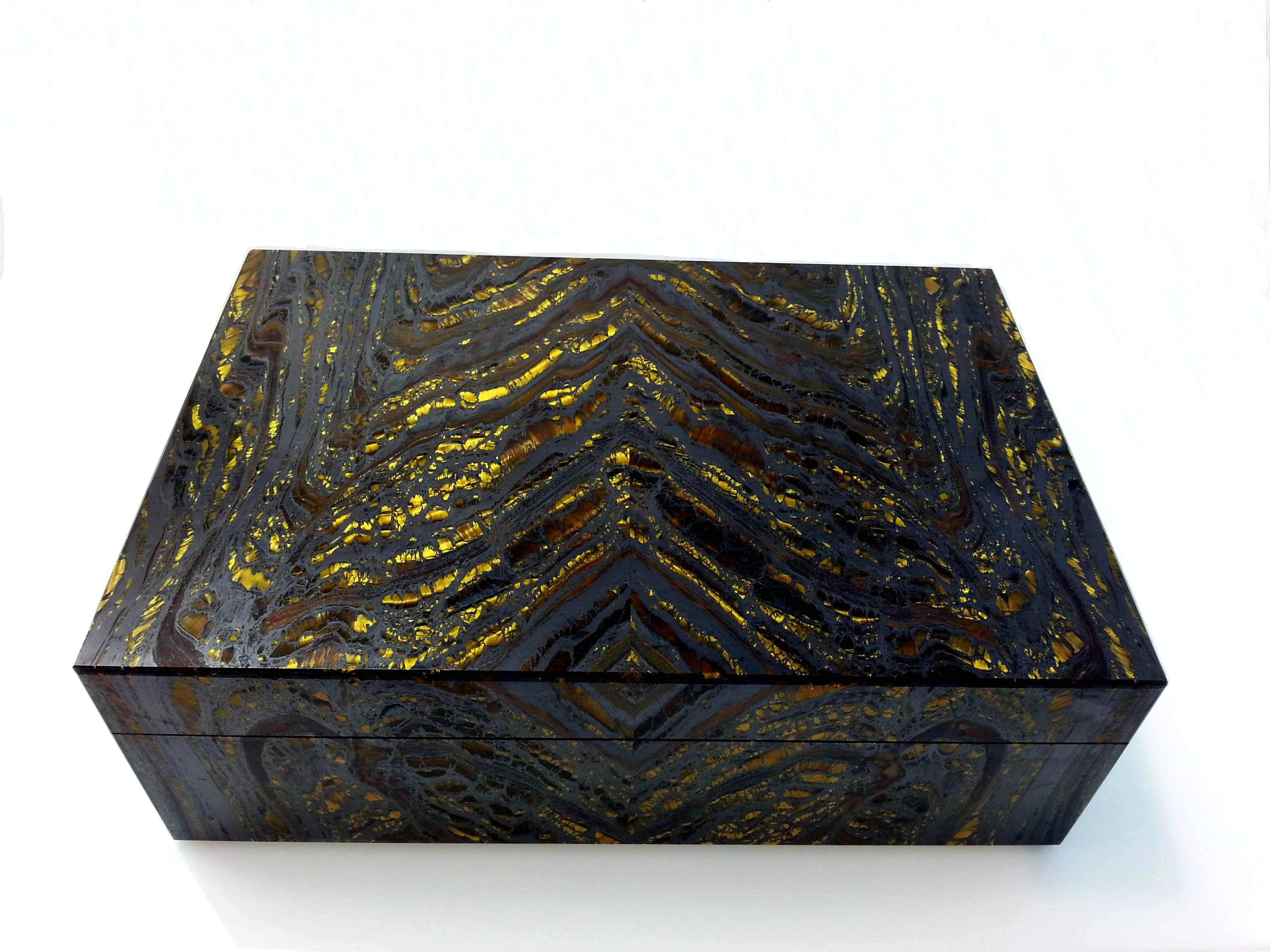 Gold Brown Tiger Iron Decorative Jewelry Gemstone Box with Black Marble Inlay For Sale 1