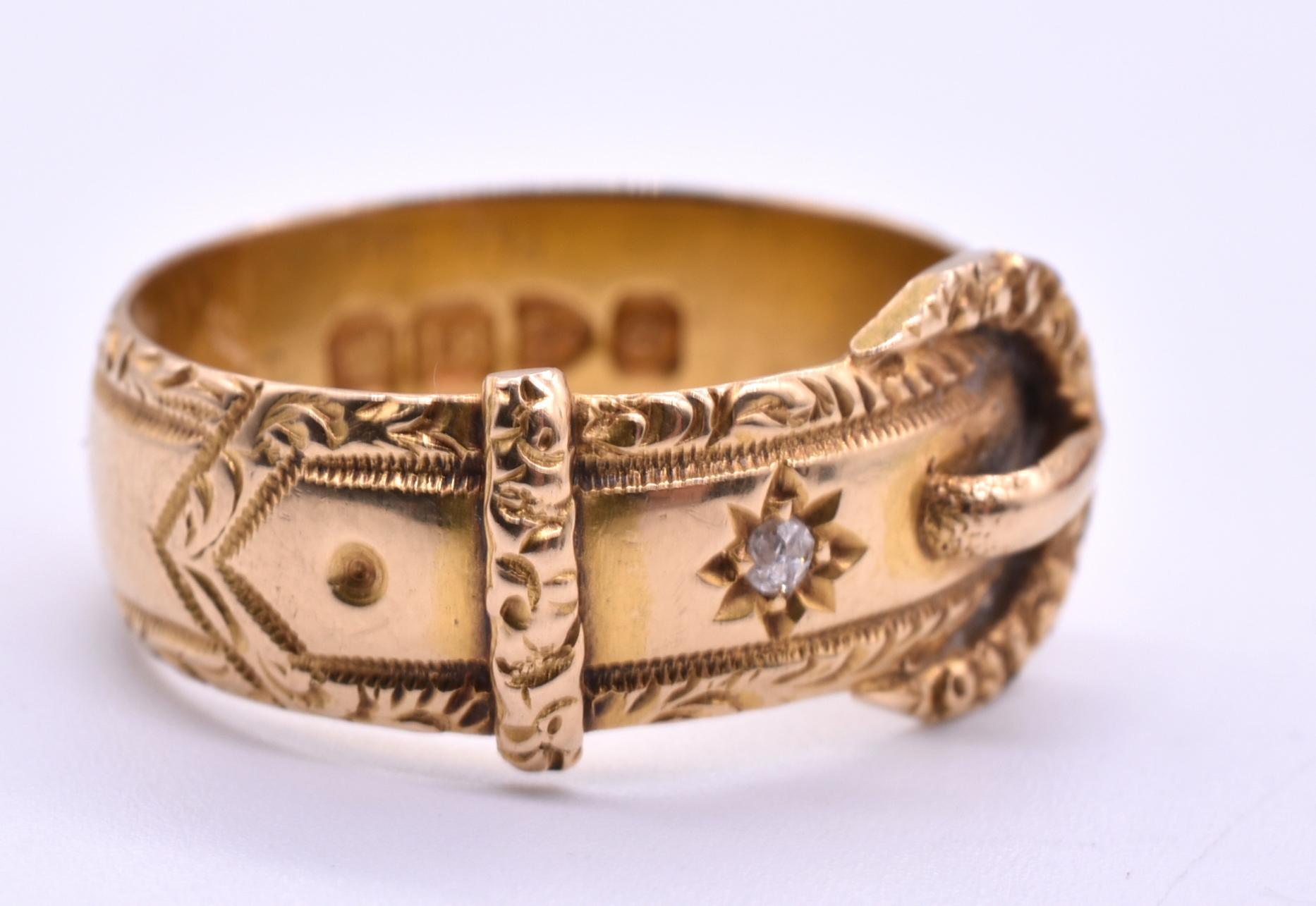 Victorian Gold Buckle Ring with Diamonds and Repousse Border HM 1899