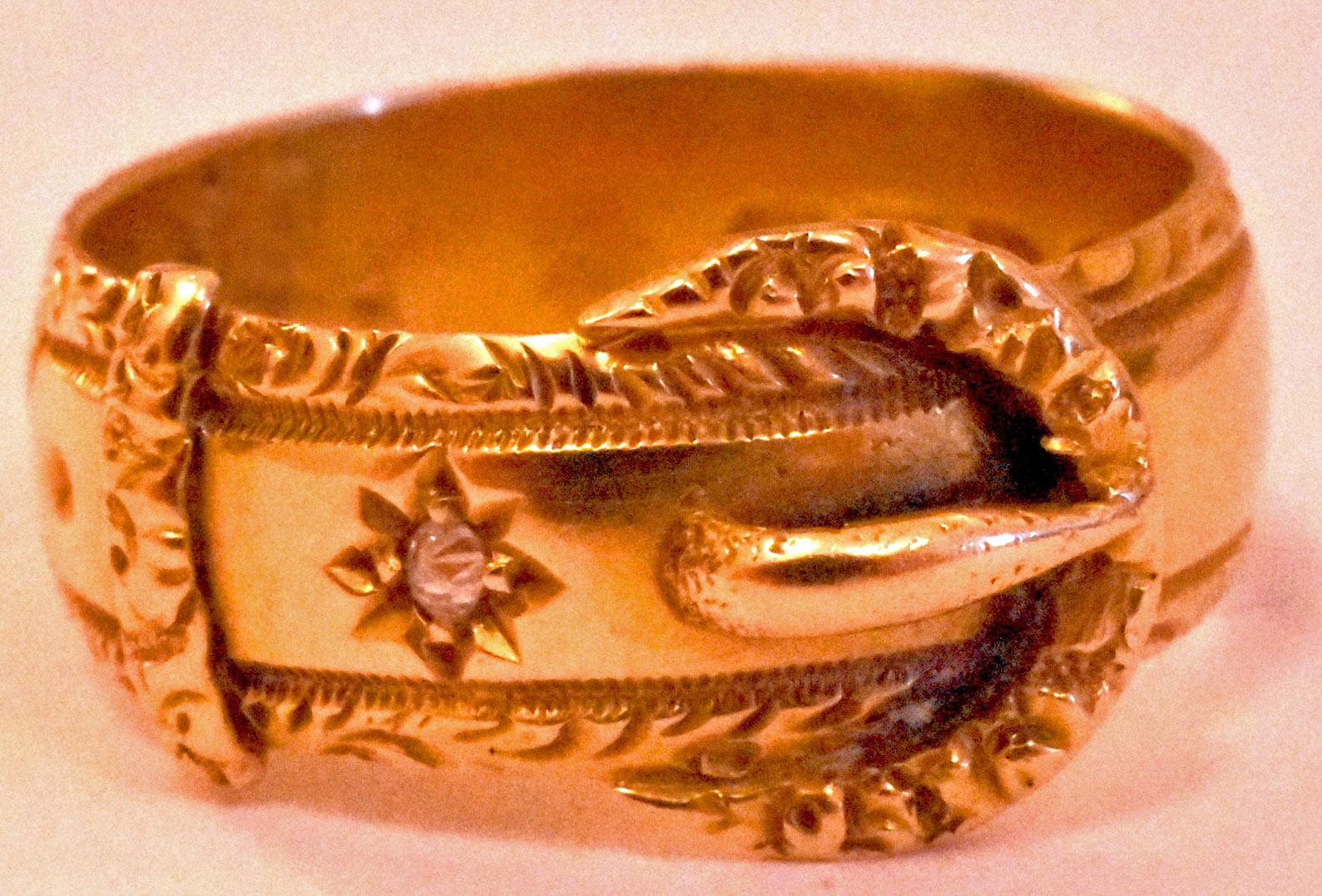 Gold Buckle Ring with Diamonds and Repousse Border HM 1899 1