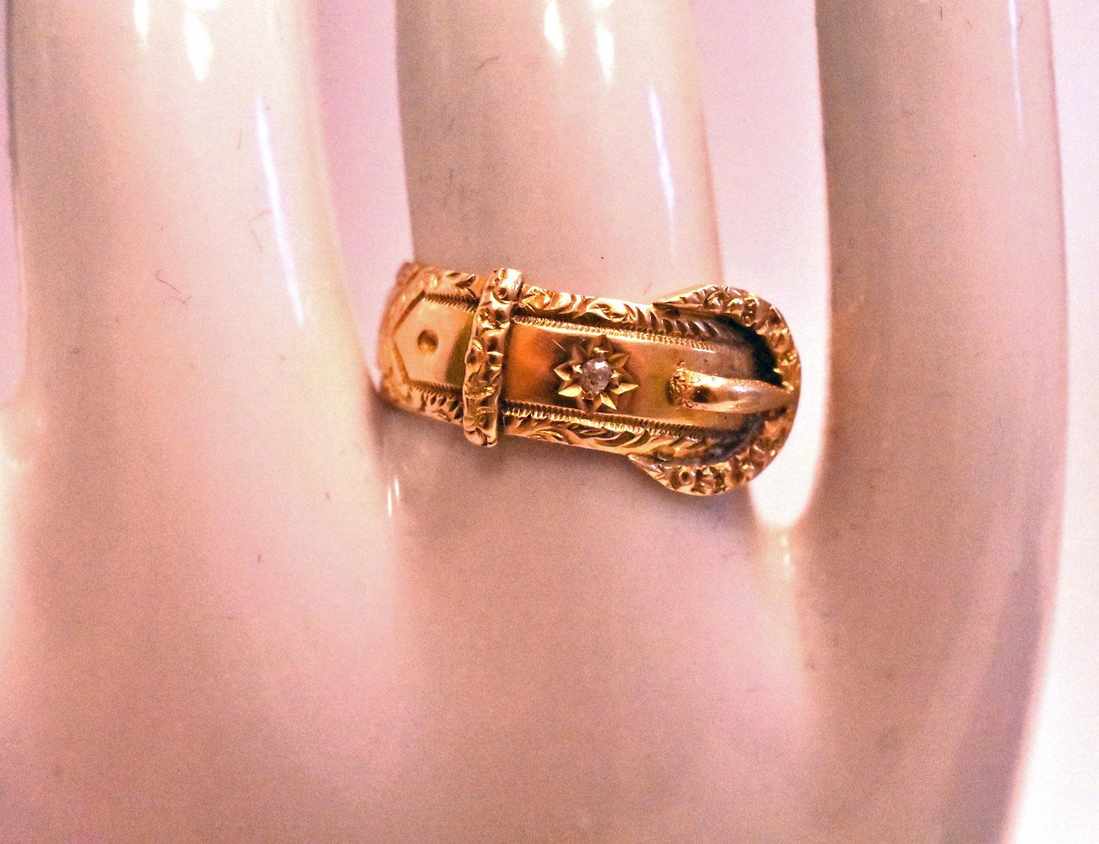 Gold Buckle Ring with Diamonds and Repousse Border HM 1899 3