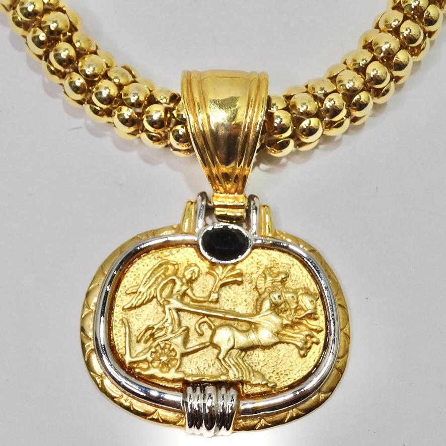 Incredible giant 18K gold plated pendant necklace circa 1970s! Featuring a silver tone border over gold tone plating on a pendent that depicts the Greek god Helios in his horse drawn chariot bringing the sun across the heavens. The pendent is