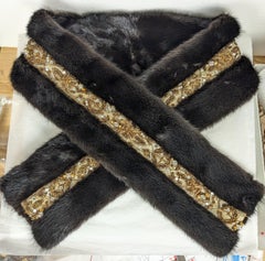 Gold Bullion, Crystal and Faux Pearl Embroidered Mink Scarf