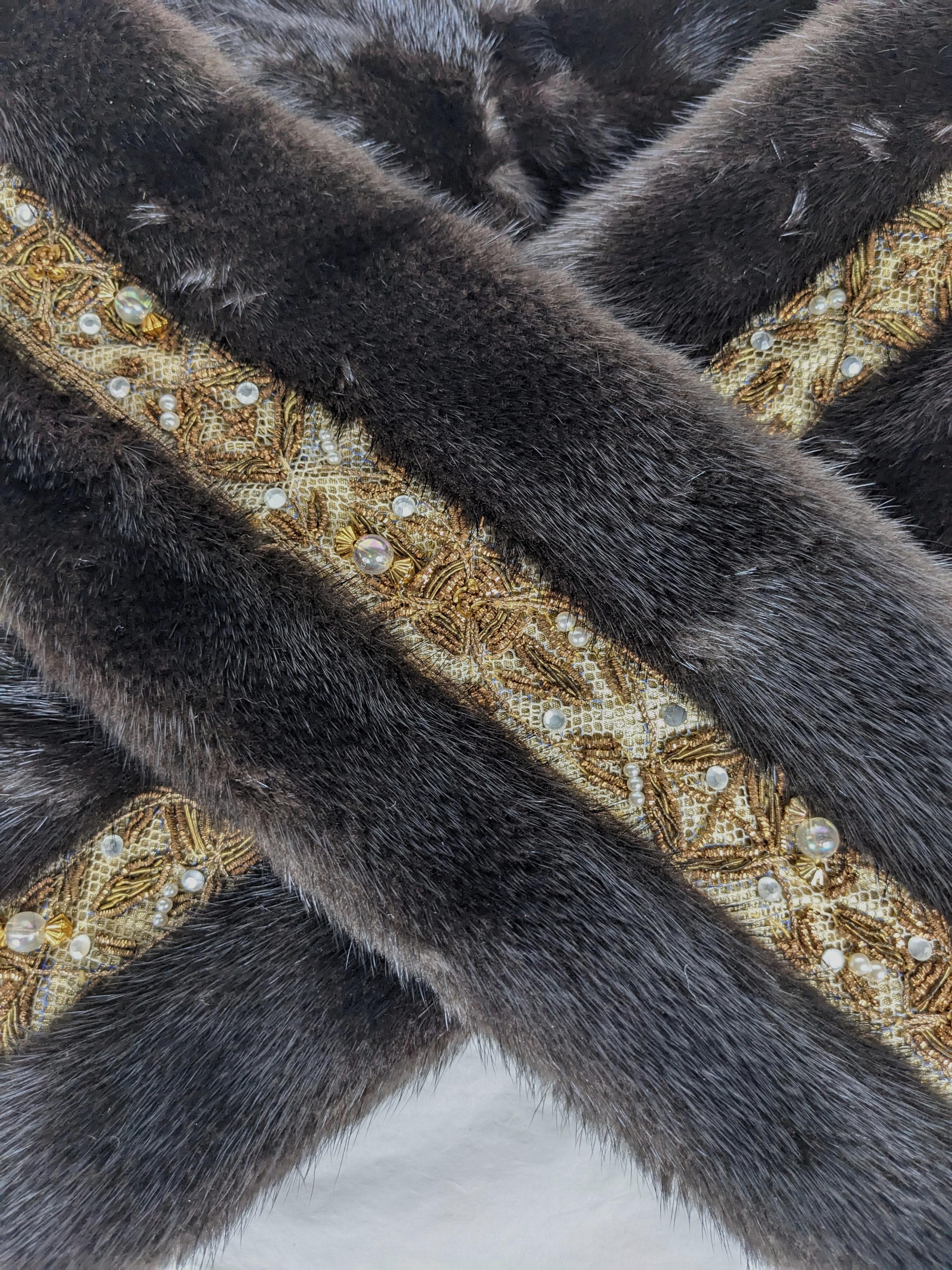 Black Gold Bullion, Crystal and Faux Pearl Embroidered Mink Scarf For Sale