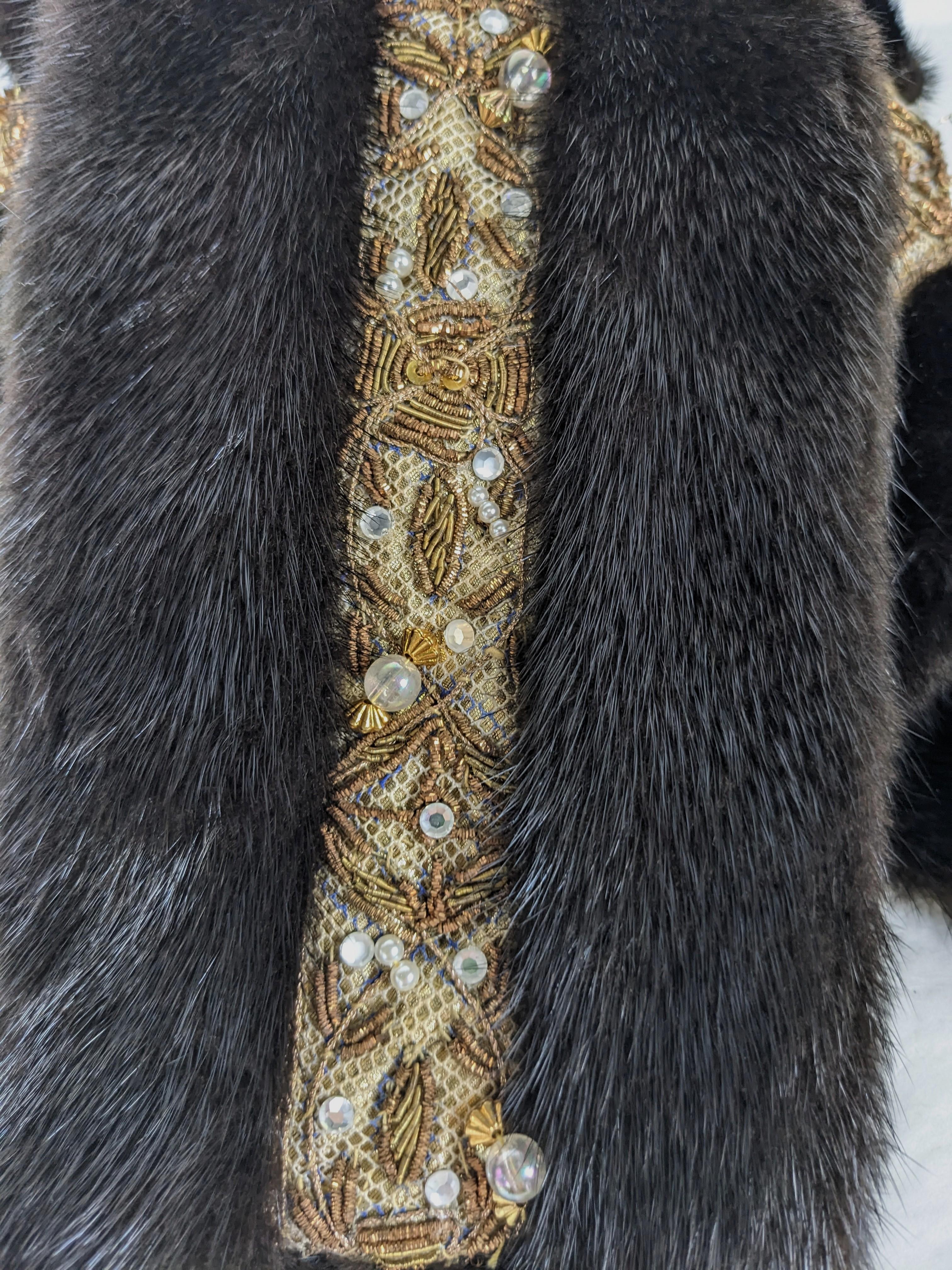 Women's or Men's Gold Bullion, Crystal and Faux Pearl Embroidered Mink Scarf  For Sale