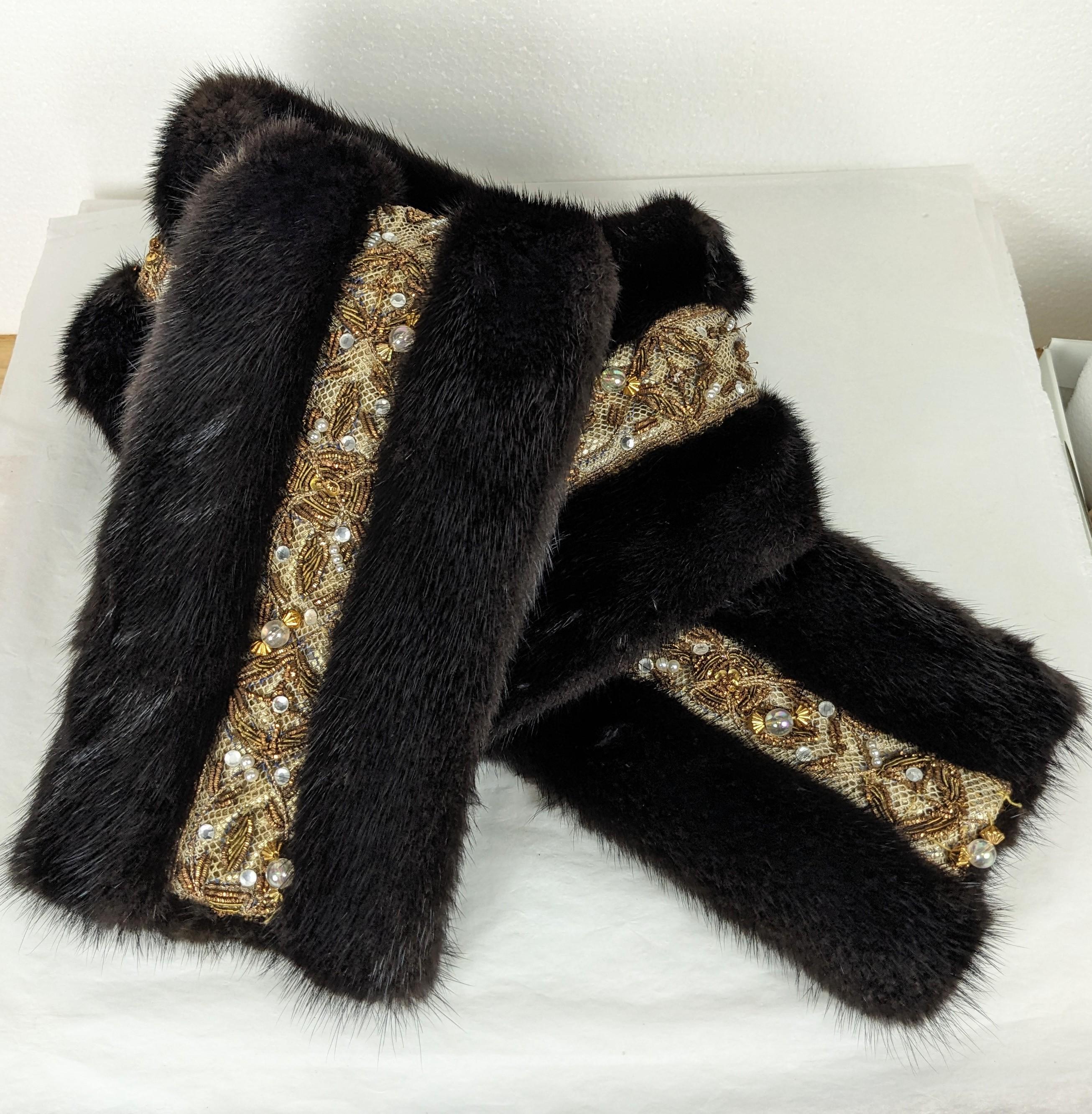 Women's or Men's Gold Bullion, Crystal and Faux Pearl Embroidered Mink Scarf For Sale