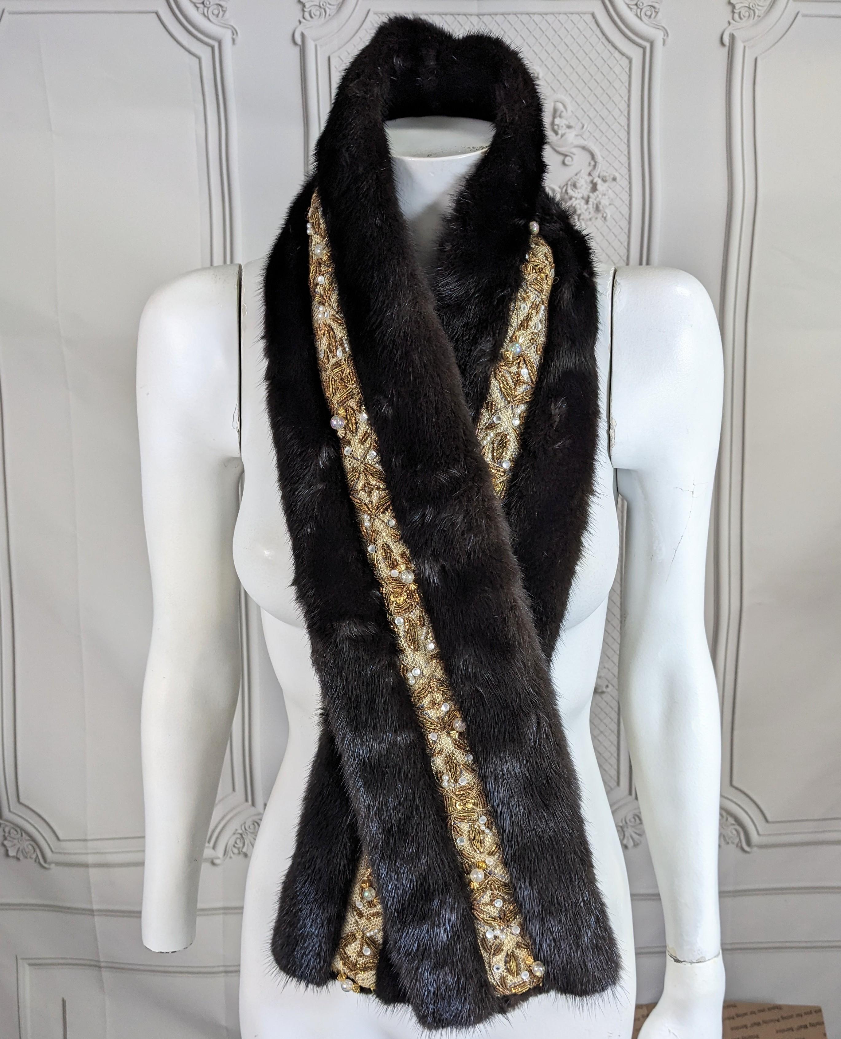 Gold Bullion, Crystal and Faux Pearl Embroidered Mink Scarf  For Sale 2