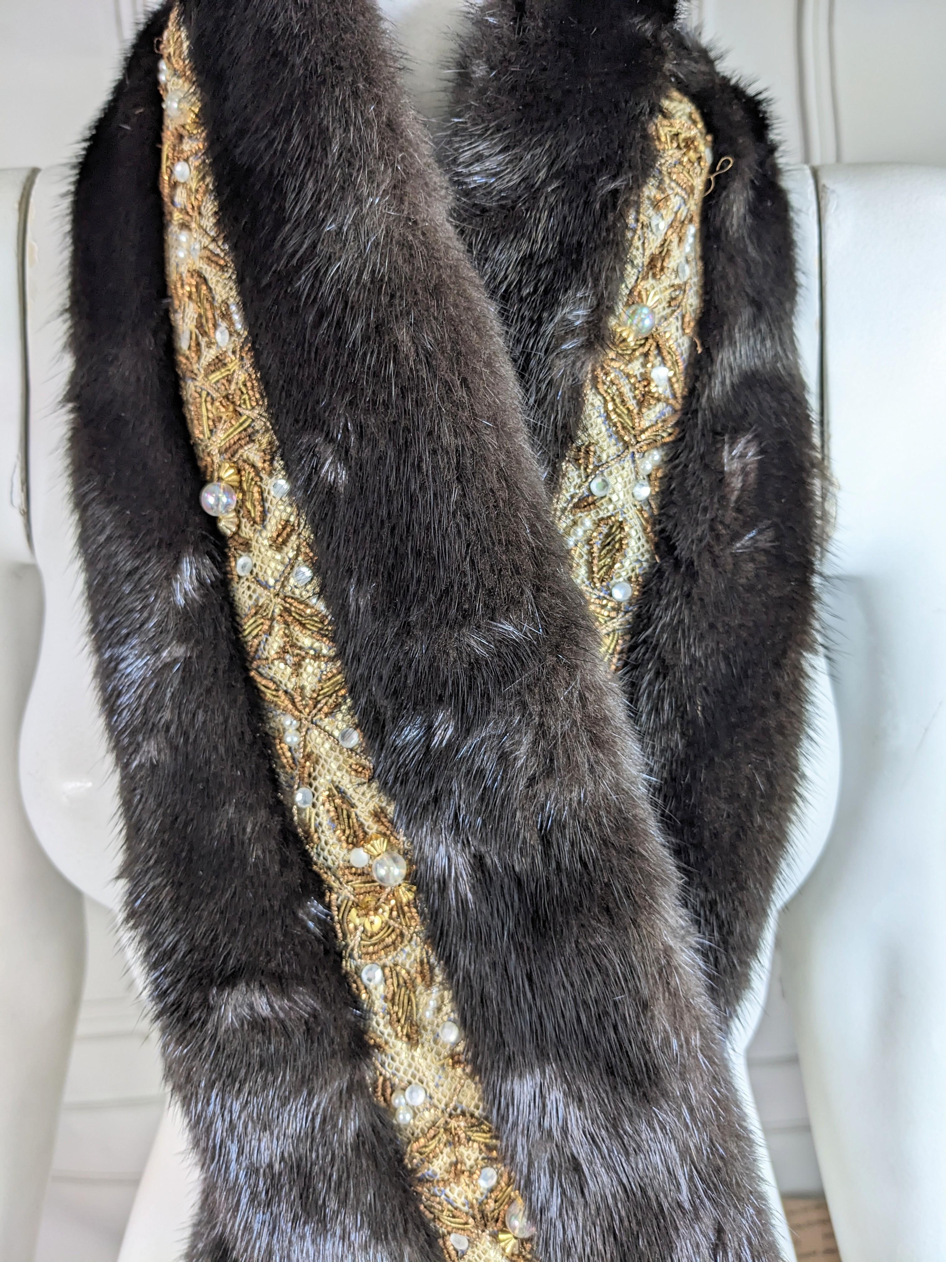 Gold Bullion, Crystal and Faux Pearl Embroidered Mink Scarf  For Sale 3