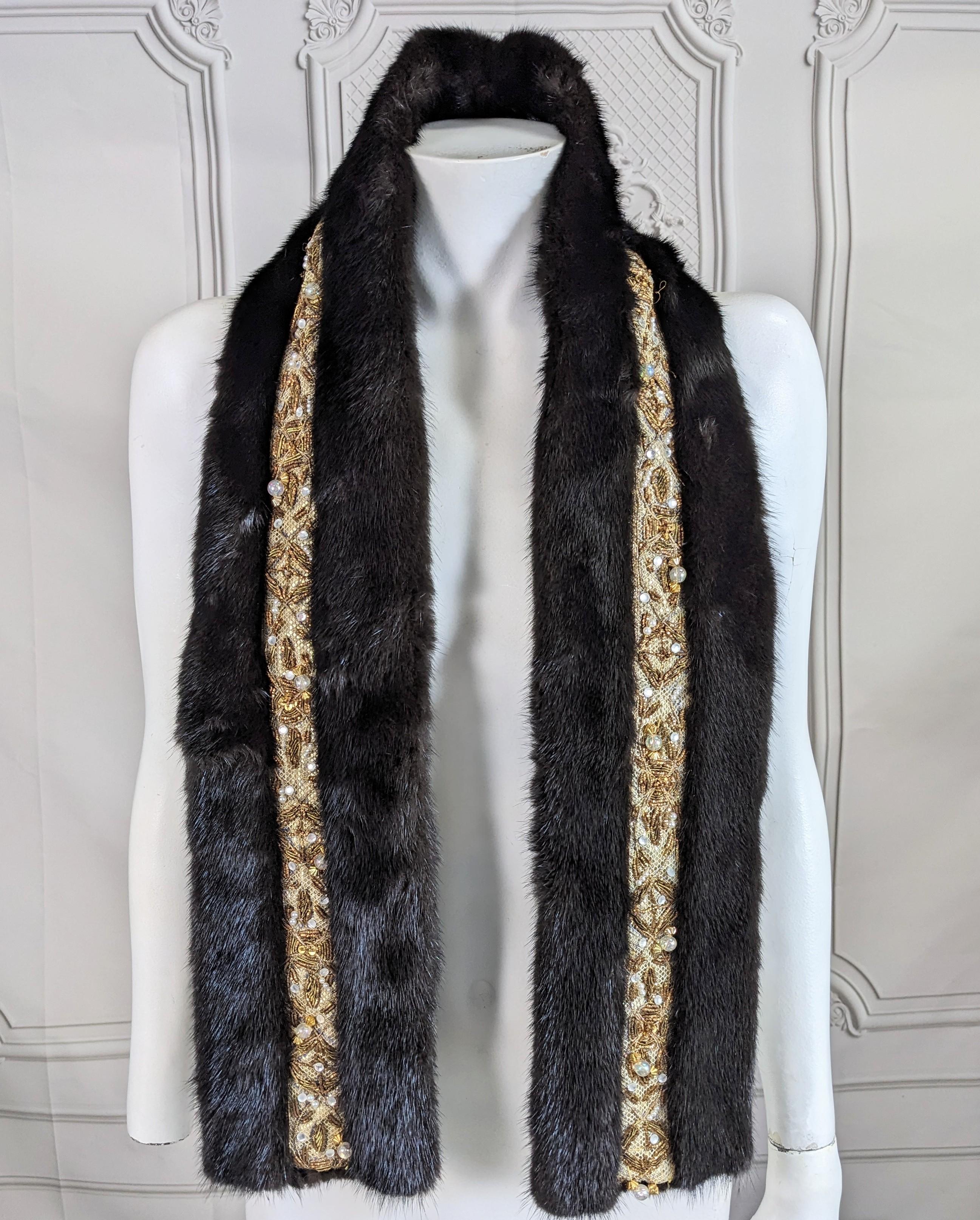 Gold Bullion, Crystal and Faux Pearl Embroidered Mink Scarf  For Sale 4
