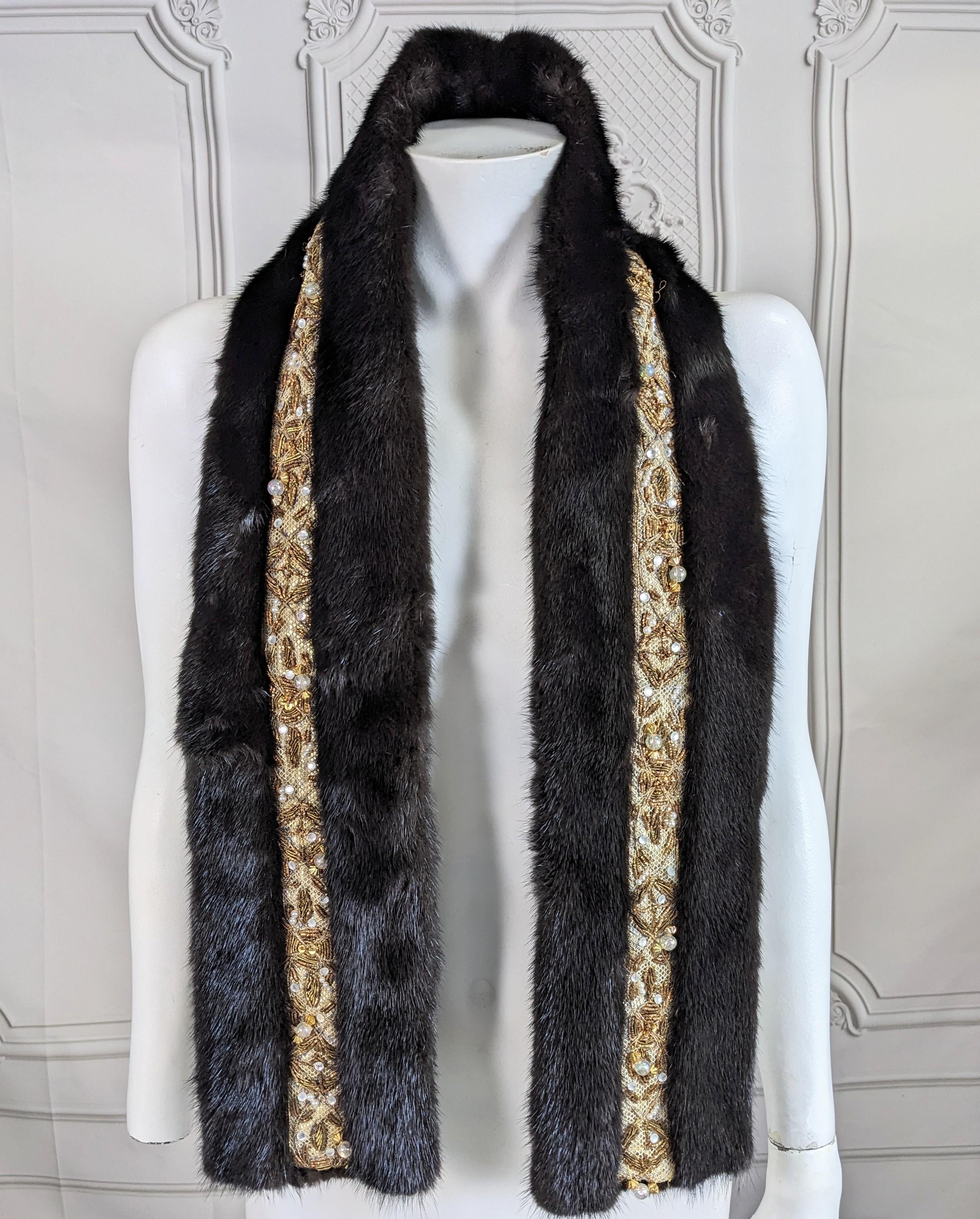 Gold Bullion, Crystal and Faux Pearl Embroidered Mink Scarf For Sale 3