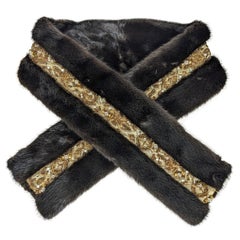 Gold Bullion, Crystal and Faux Pearl Embroidered Mink Scarf