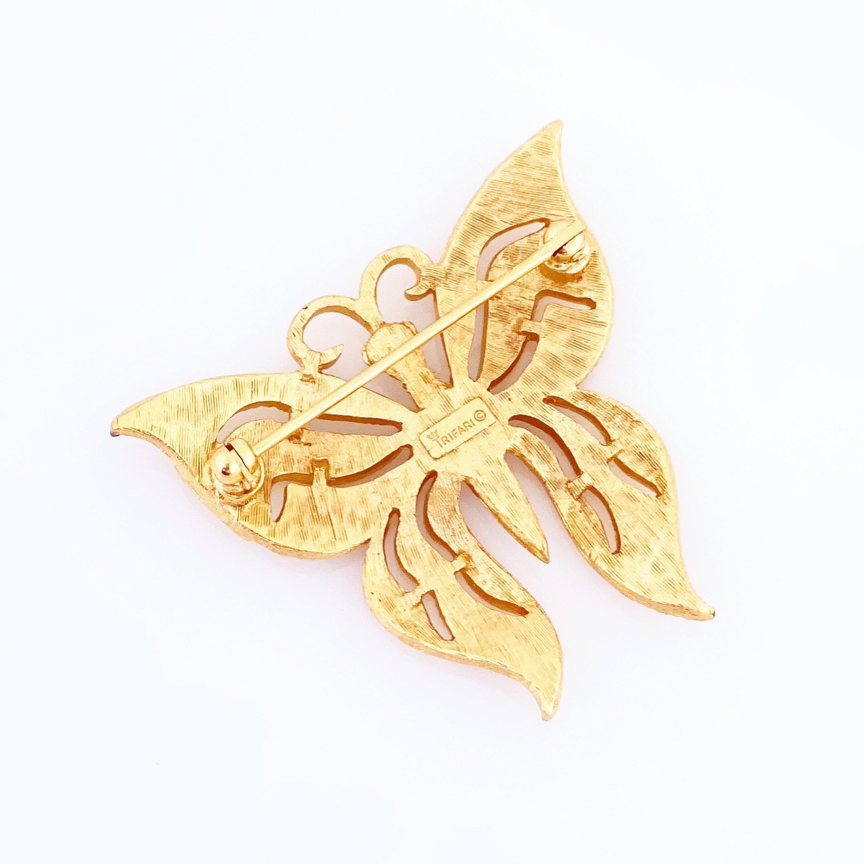 Gold Butterfly Figural Brooch By Crown Trifari, 1960s In Good Condition In McKinney, TX
