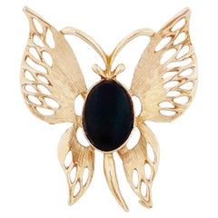 Gold Butterfly Figural Brooch With Onyx Cabochon, 1970s