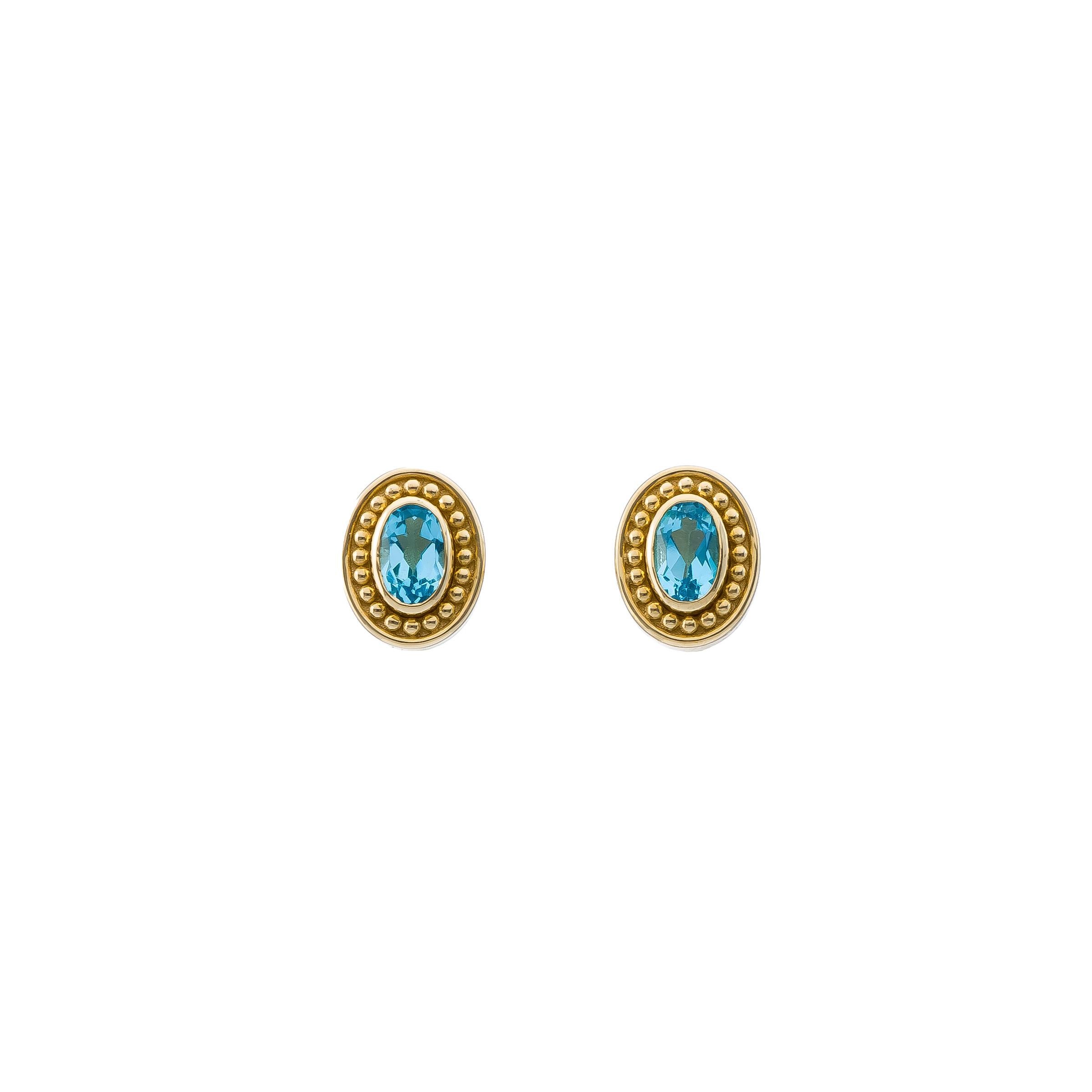 Gold Byzantine Earrings with Swiss Blue Topaz In New Condition For Sale In Athens, GR