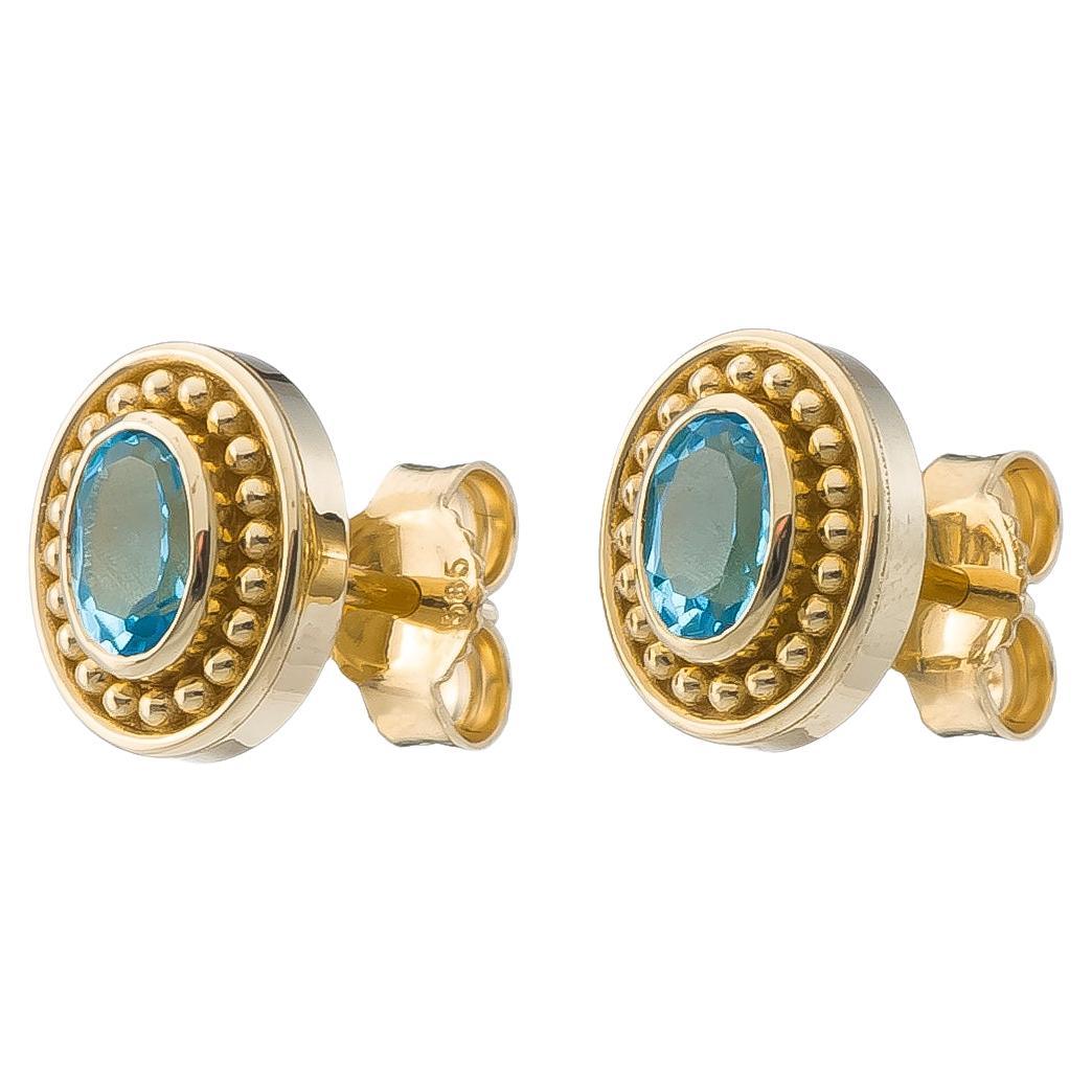 Gold Byzantine Earrings with Swiss Blue Topaz For Sale