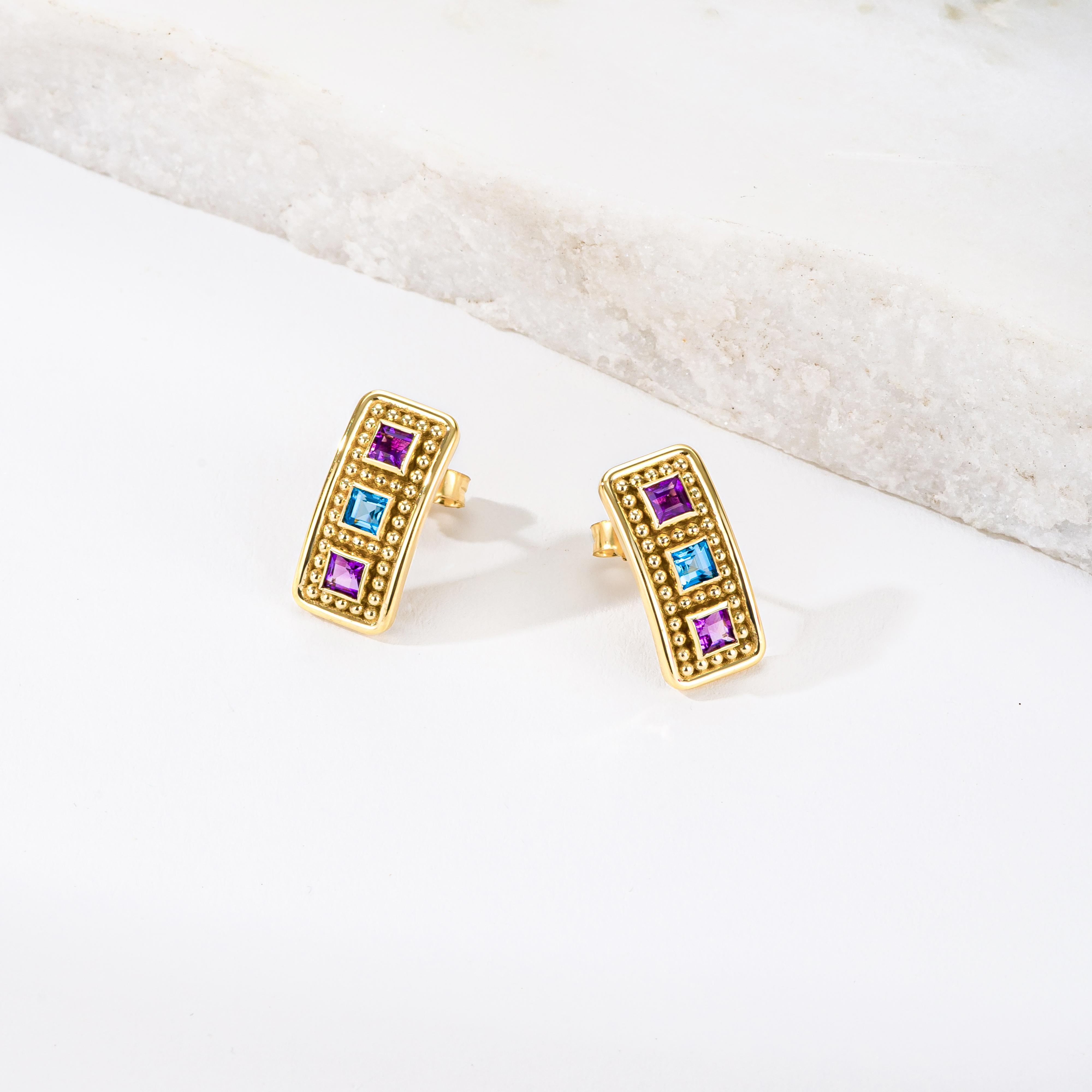 Square Cut Gold Byzantine Gemstone Earrings For Sale