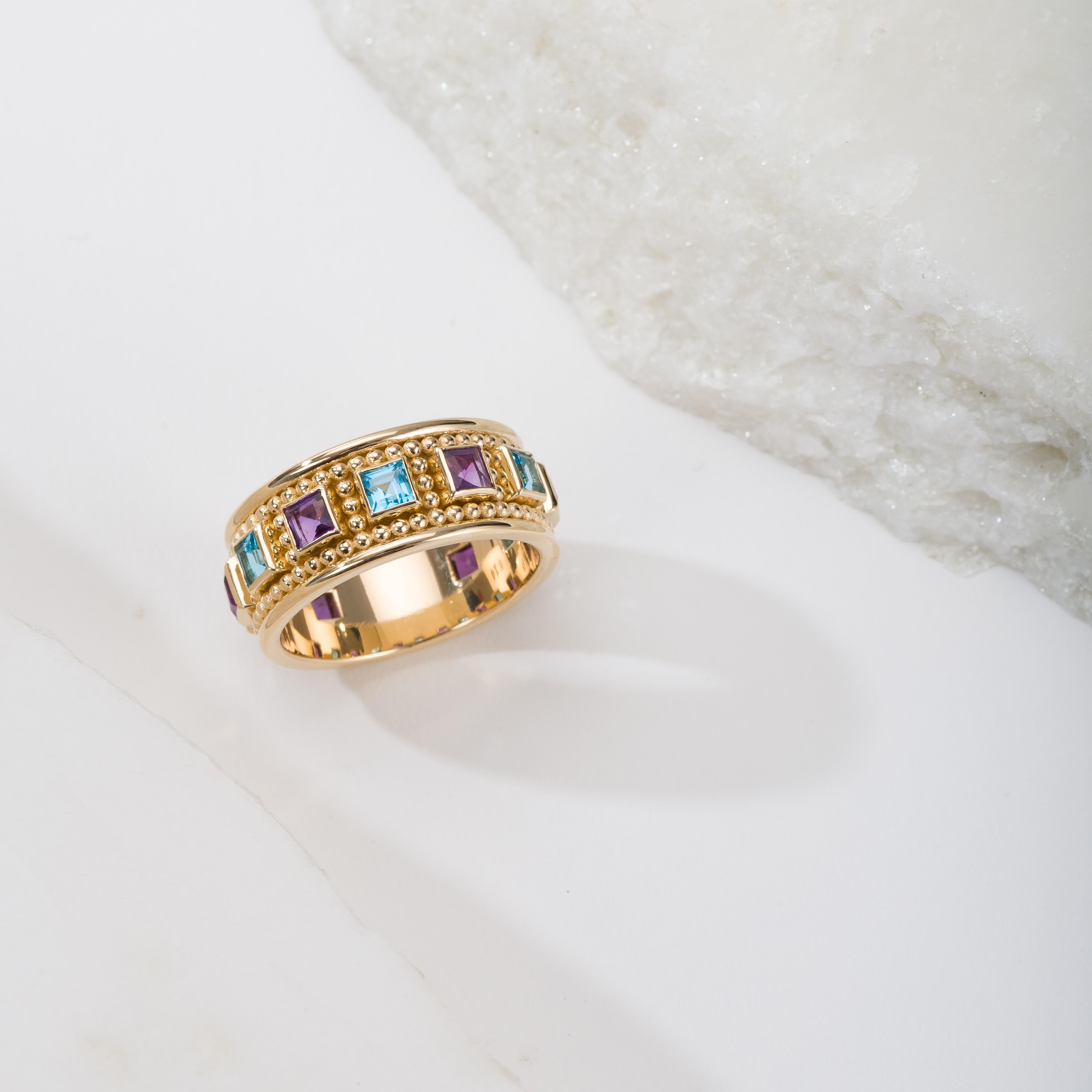Gold Byzantinische Granulation Edelstein Band Ring (Carréeschliff) im Angebot
