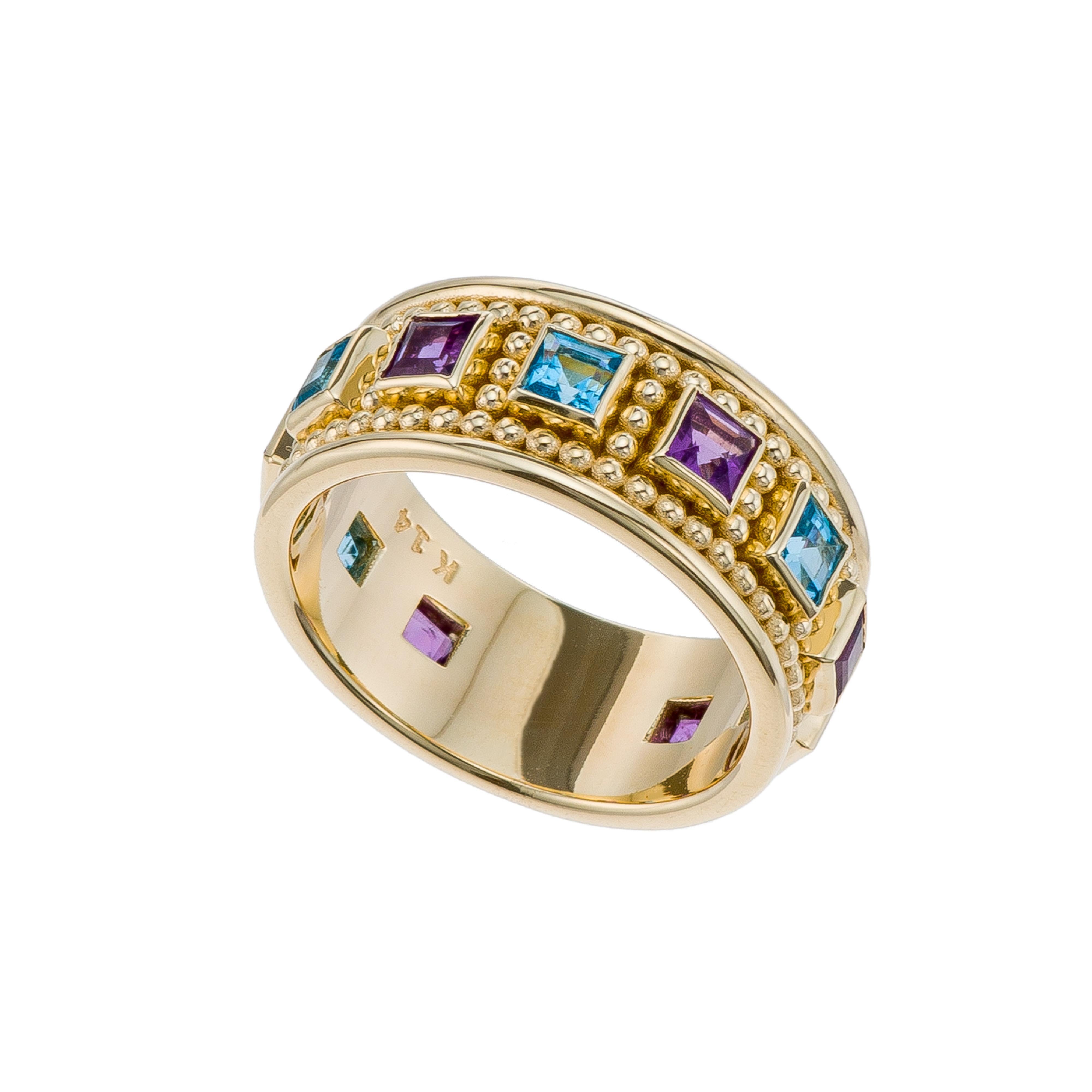Gold Byzantine Granulation Gemstone Band Ring In New Condition For Sale In Athens, GR