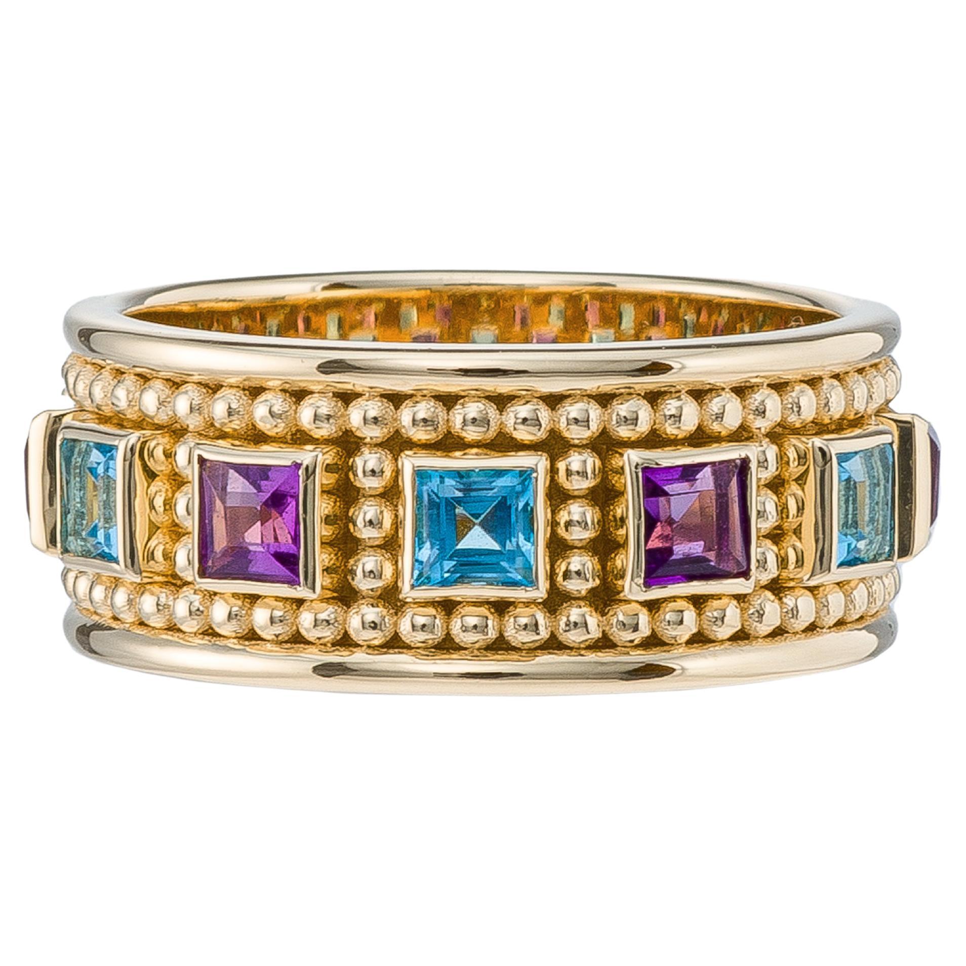 Gold Byzantine Granulation Gemstone Band Ring For Sale