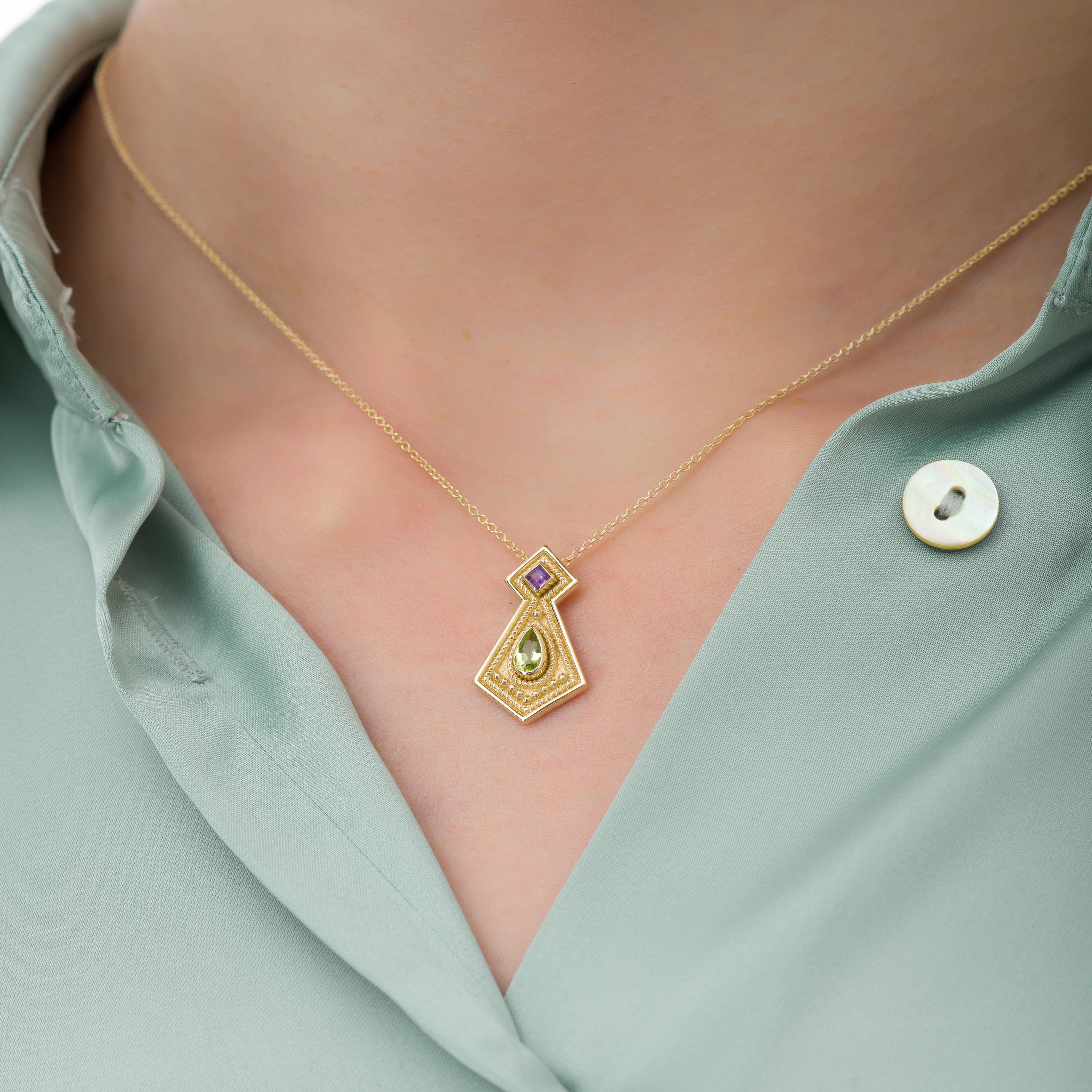 Adorn yourself with a gold pendant featuring a unique design, where a square amethyst and a pear-shaped peridot harmonize, a captivating masterpiece that celebrates individuality and natural beauty.

100% handmade in our workshop.

Metal: 18K