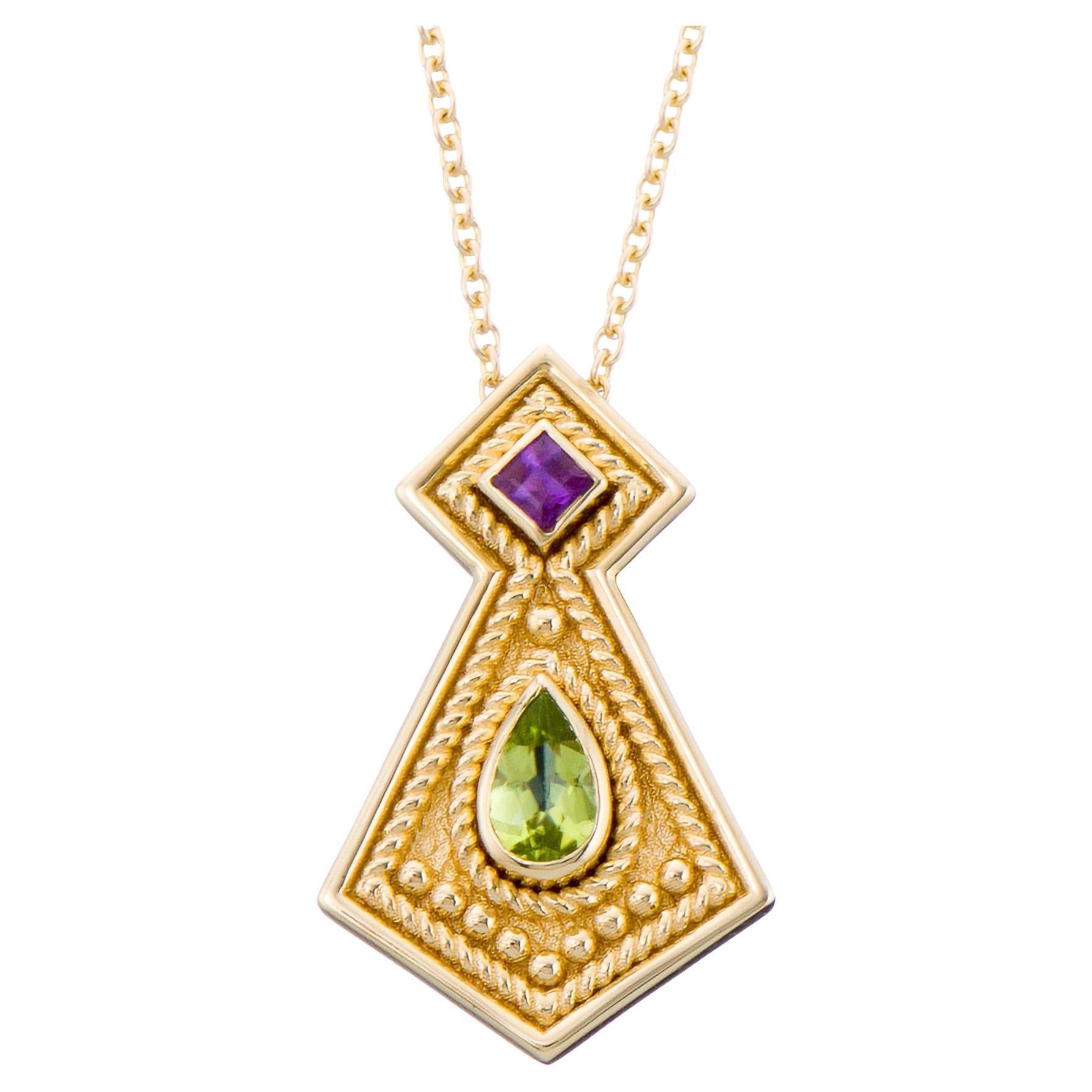 Gold Byzantine Pendant with Amethyst and Peridot For Sale