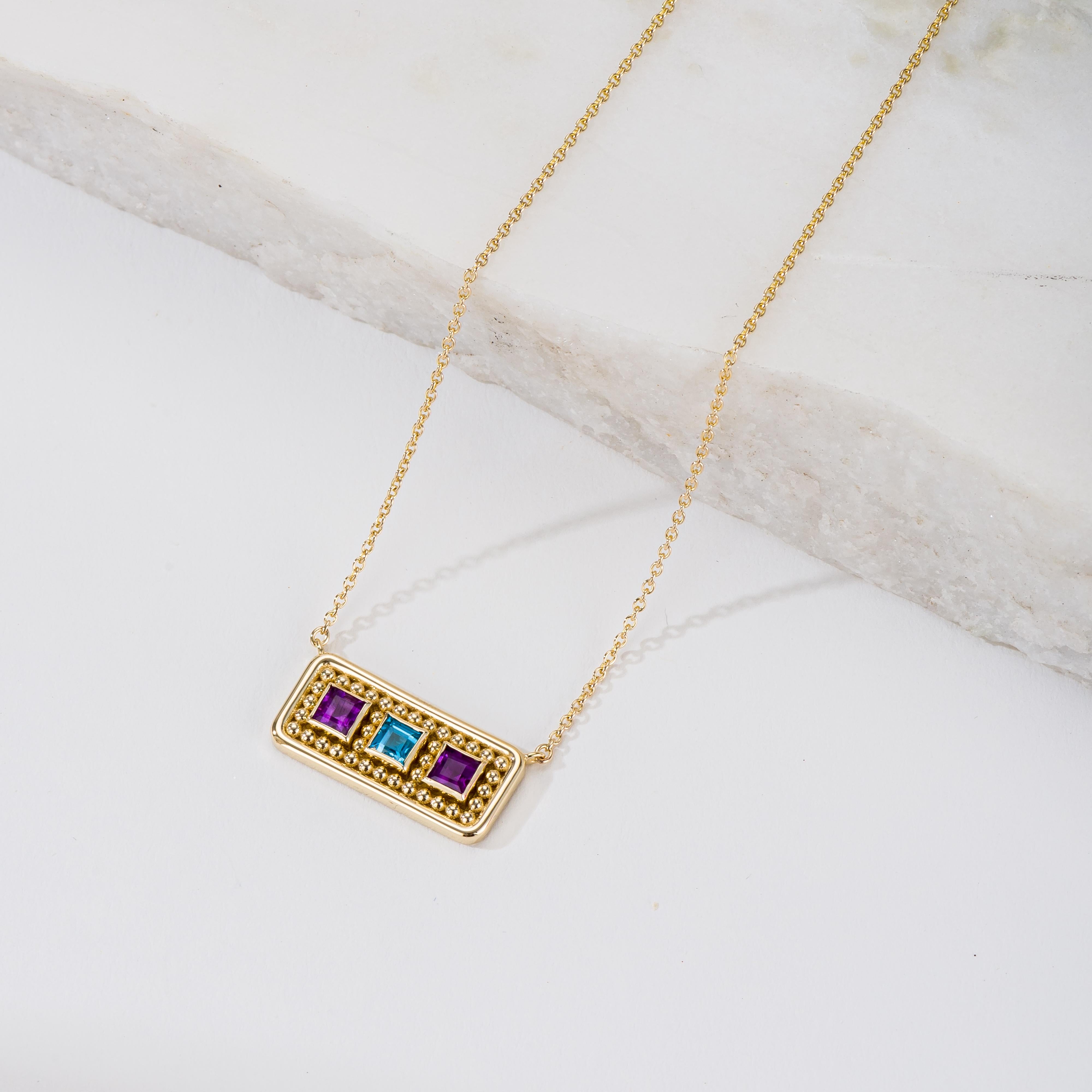 Square Cut Gold Byzantine Pendant with Amethyst Swiss Topaz and Granulation For Sale