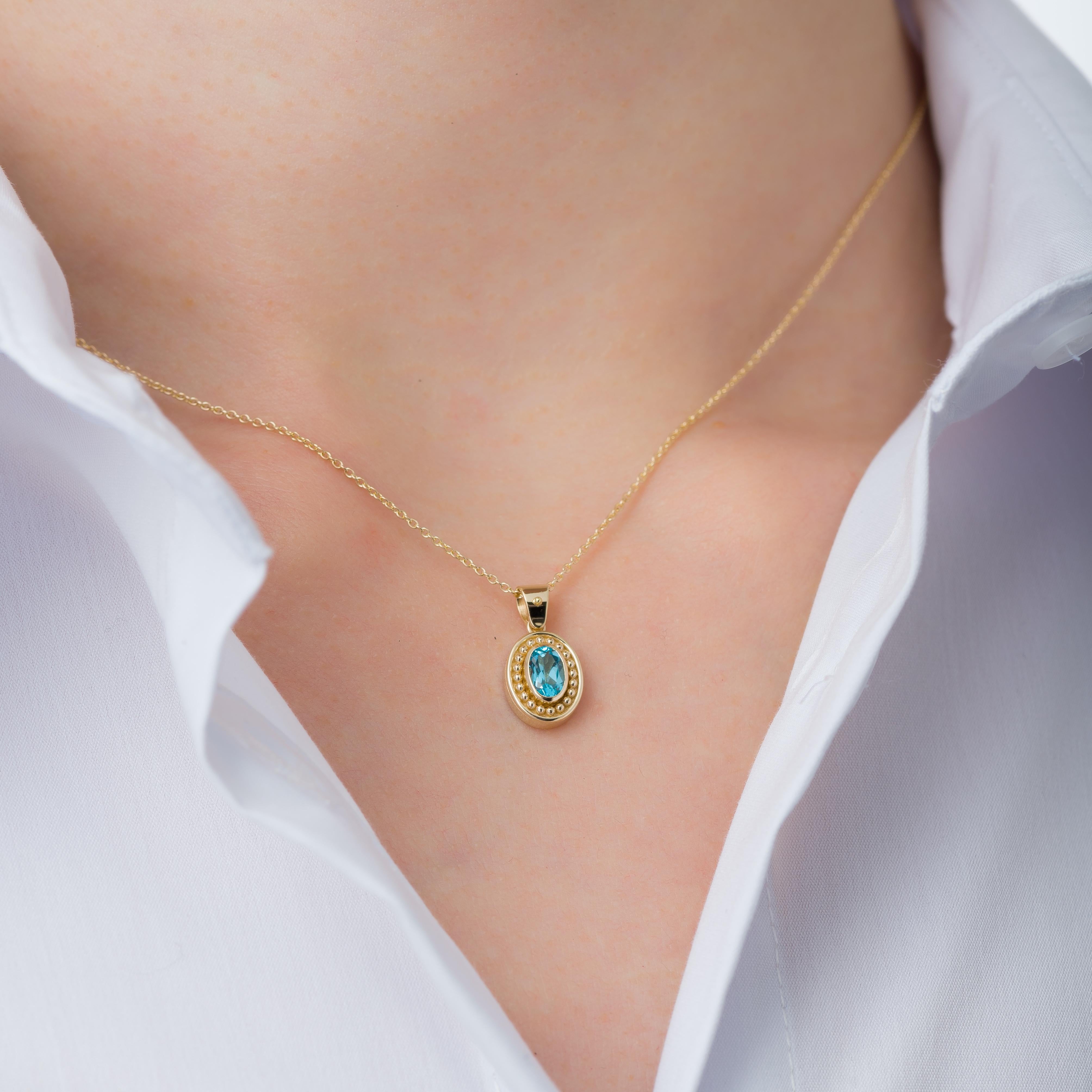 Elevate your style with this oval pendant, inspired by the grandeur of Byzantine aesthetics and ancient beauty, featuring a resplendent oval Swiss topaz—a radiant tribute to timeless elegance and opulence.

100% handmade in our workshop.

Metal: 18K