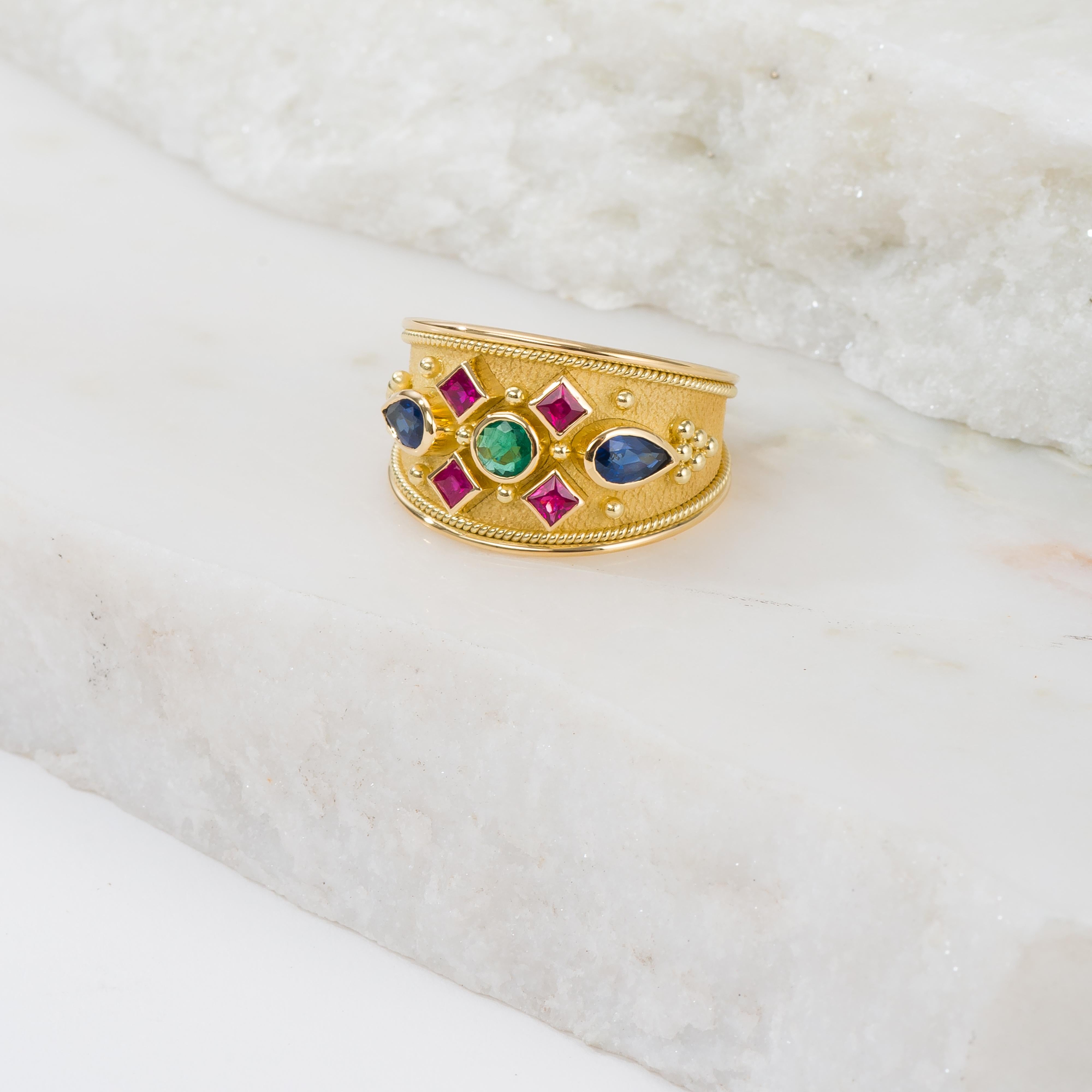 Square Cut Gold Byzantine Ring with Emerald Rubies and Sapphires For Sale
