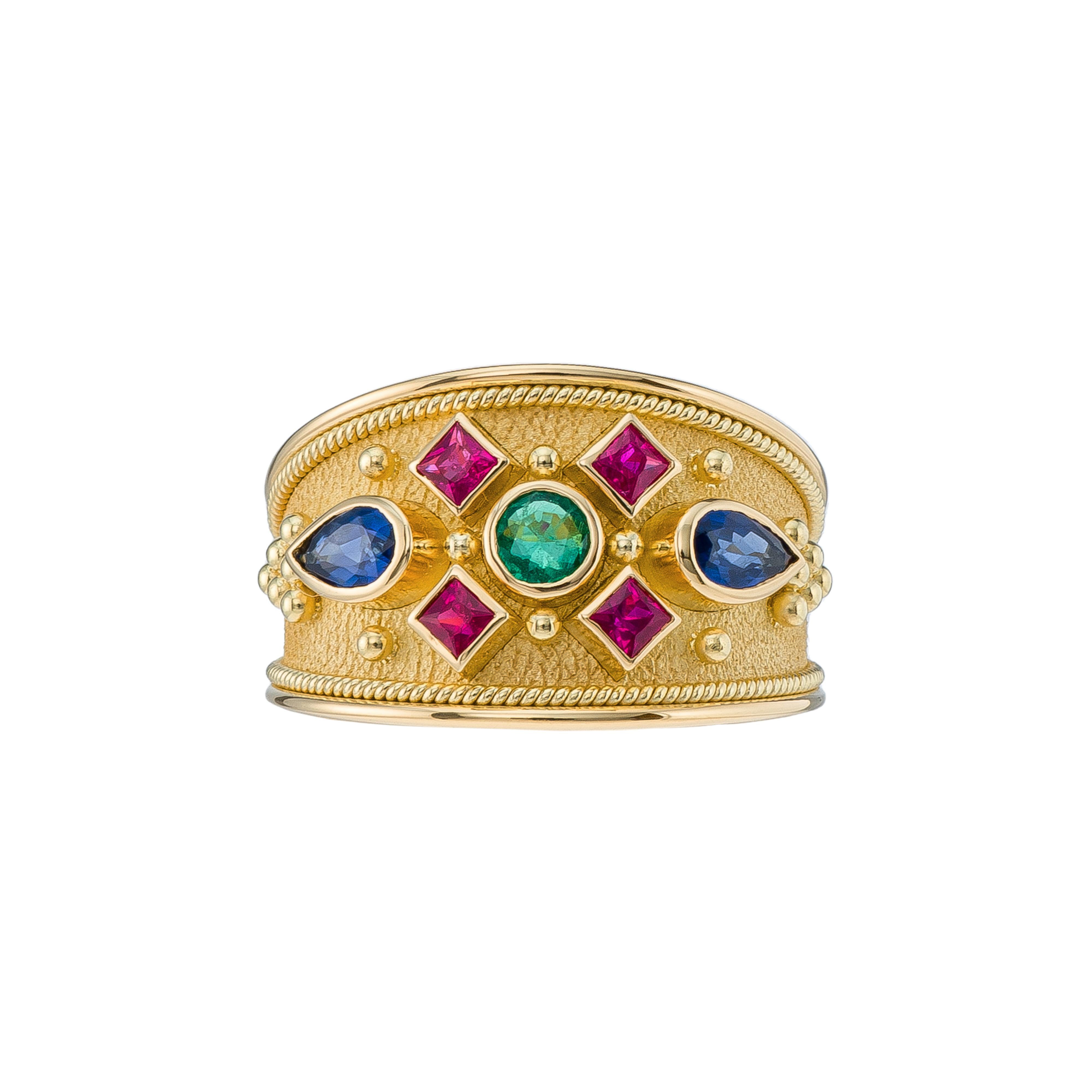 Gold Byzantine Ring with Emerald Rubies and Sapphires In New Condition For Sale In Athens, GR
