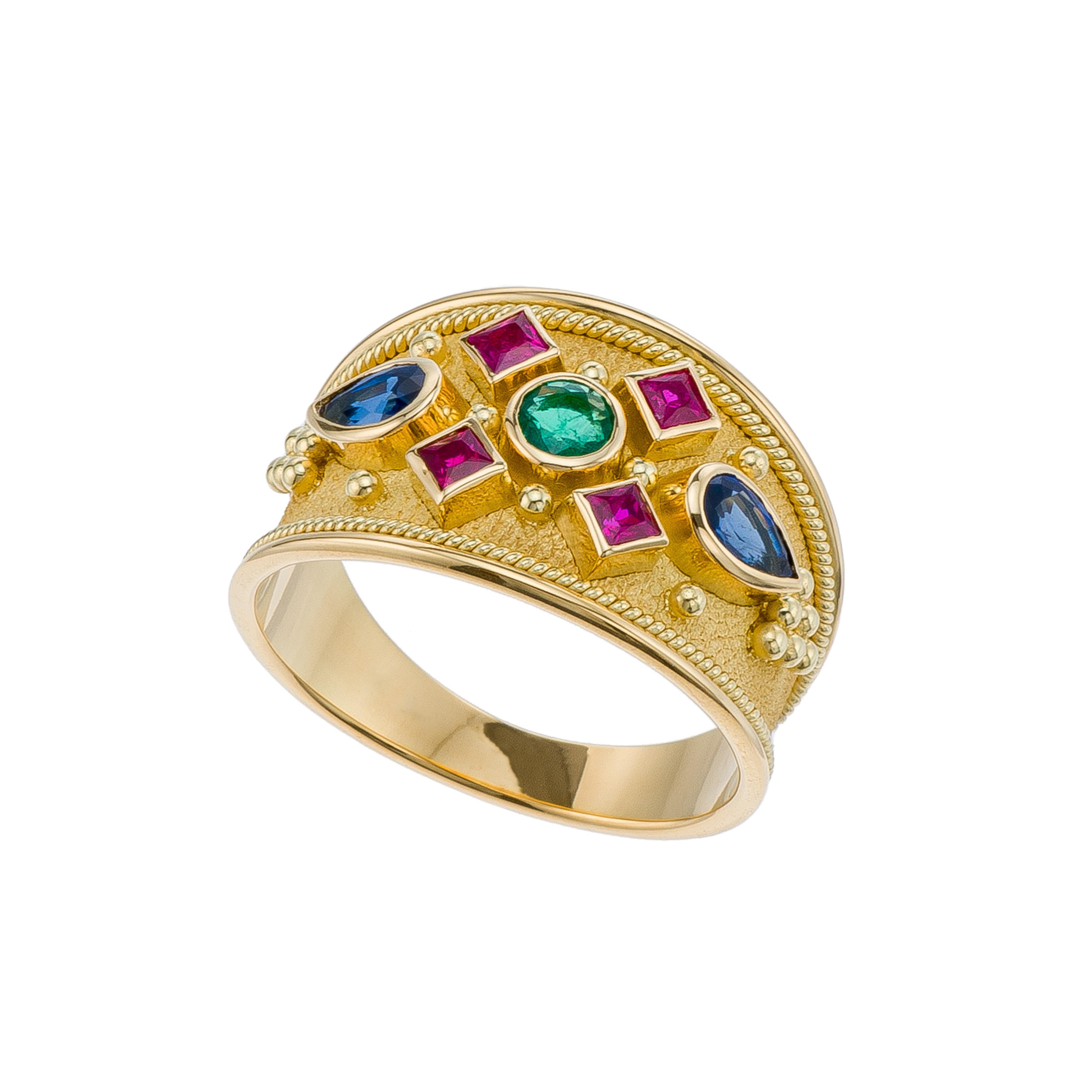 Gold Byzantine Ring with Emerald Rubies and Sapphires For Sale 2