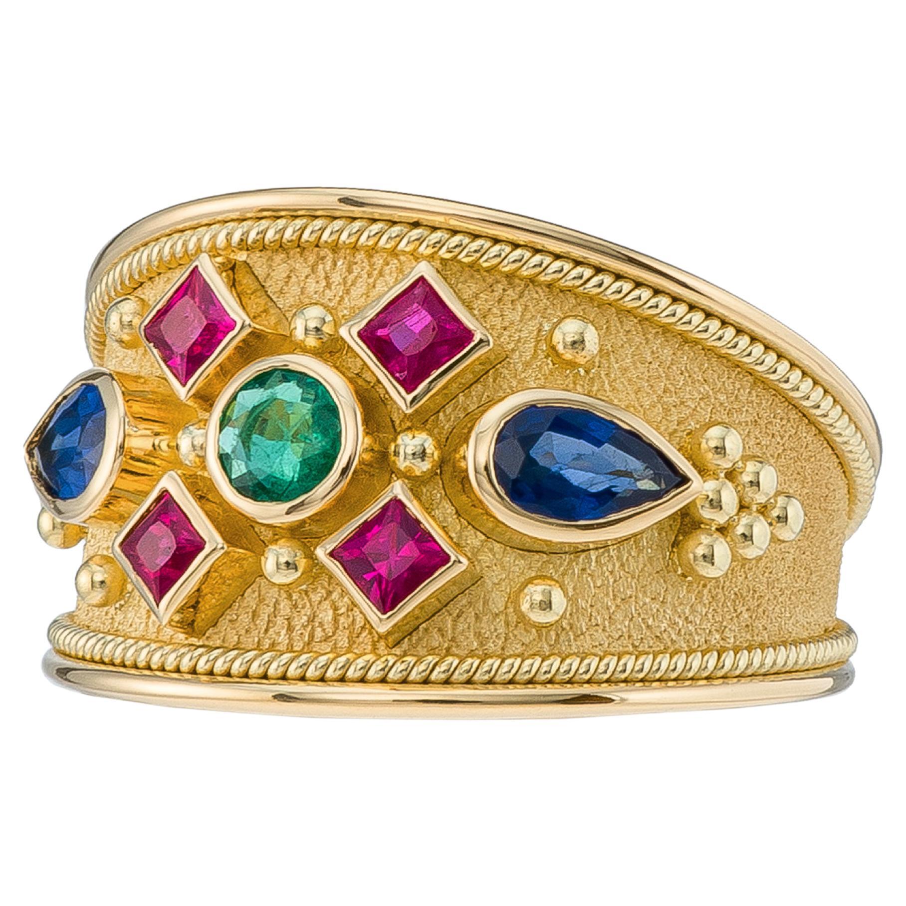 Gold Byzantine Ring with Emerald Rubies and Sapphires For Sale
