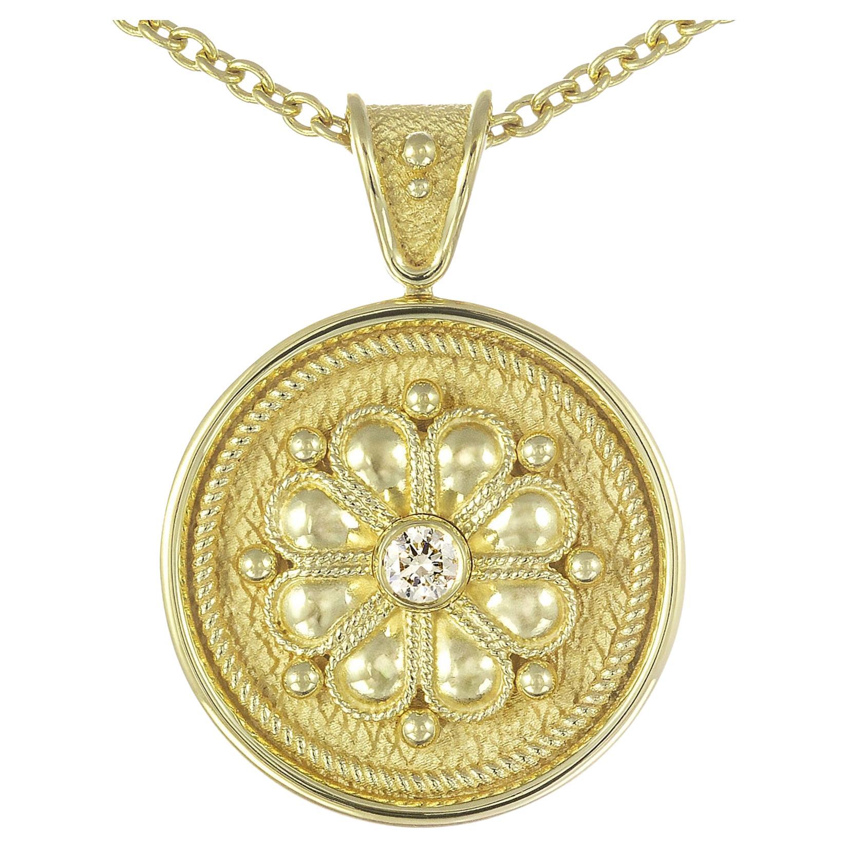 Gold Byzantine Round Flower Pendant with Diamond For Sale