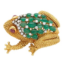 Gold Cabochon Emerald Diamond and Ruby Frog Pin Brooch