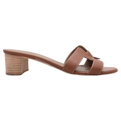 Gold Camel Hermes Oasis Logo Heeled Slide Sandals Size 41